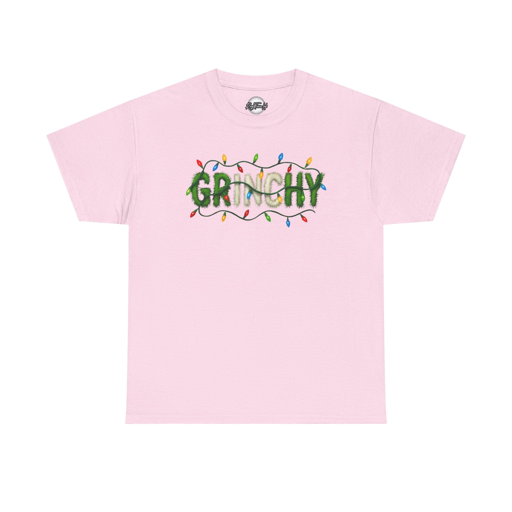 Grinchy Christmas Tee — 'Grinchy' Text with Holiday Lights