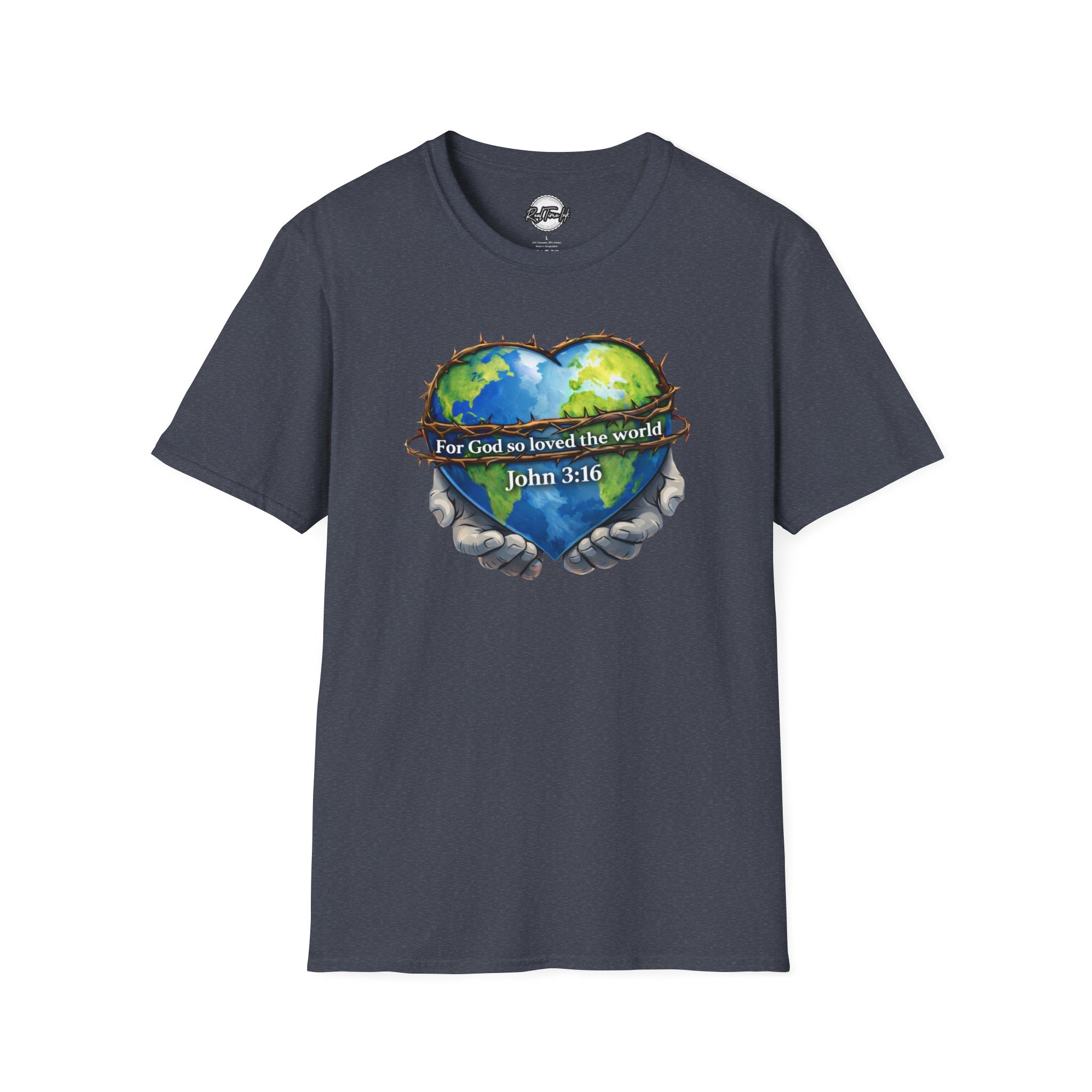 John 3:16 Heart Globe Christian T-Shirt — "For God so loved the world" Faith Tee
