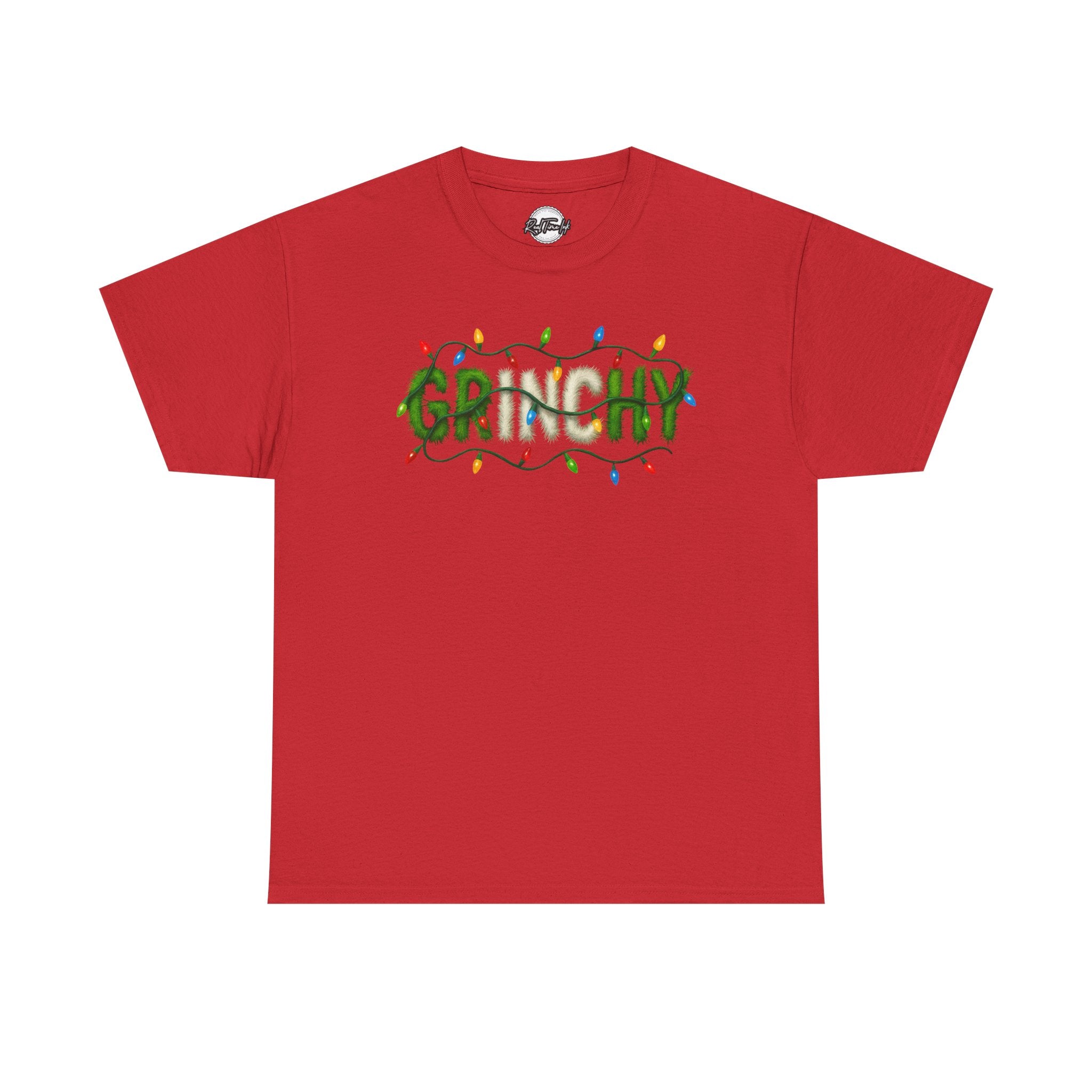 Grinchy Christmas Tee — 'Grinchy' Text with Holiday Lights