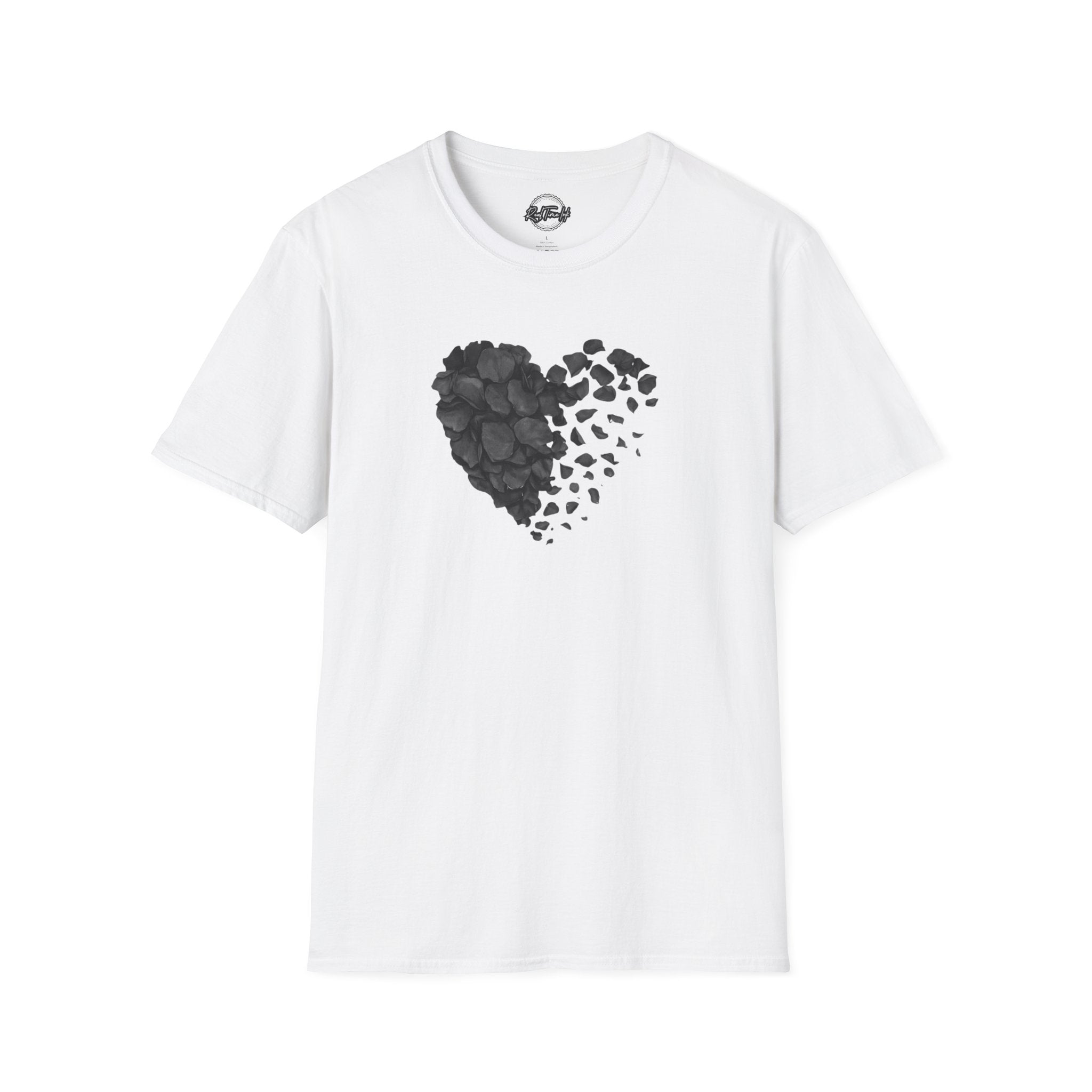 Black Heart Petals Tee — Monochrome Broken Heart Floral T-Shirt