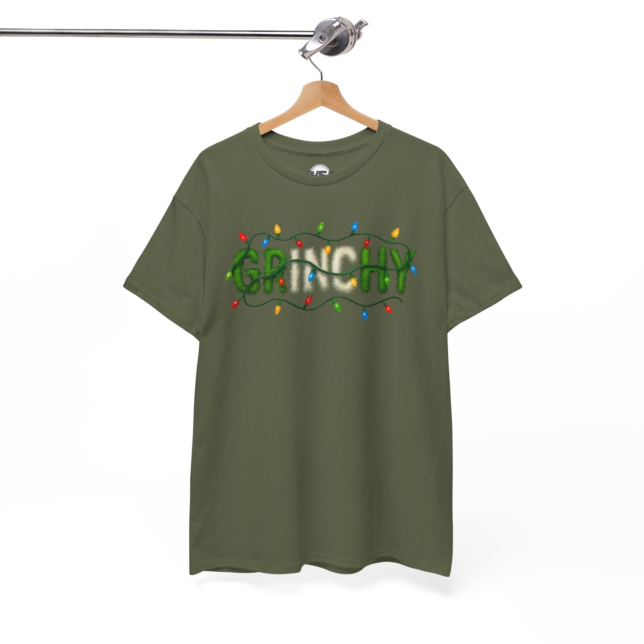 Grinchy Christmas Tee — 'Grinchy' Text with Holiday Lights