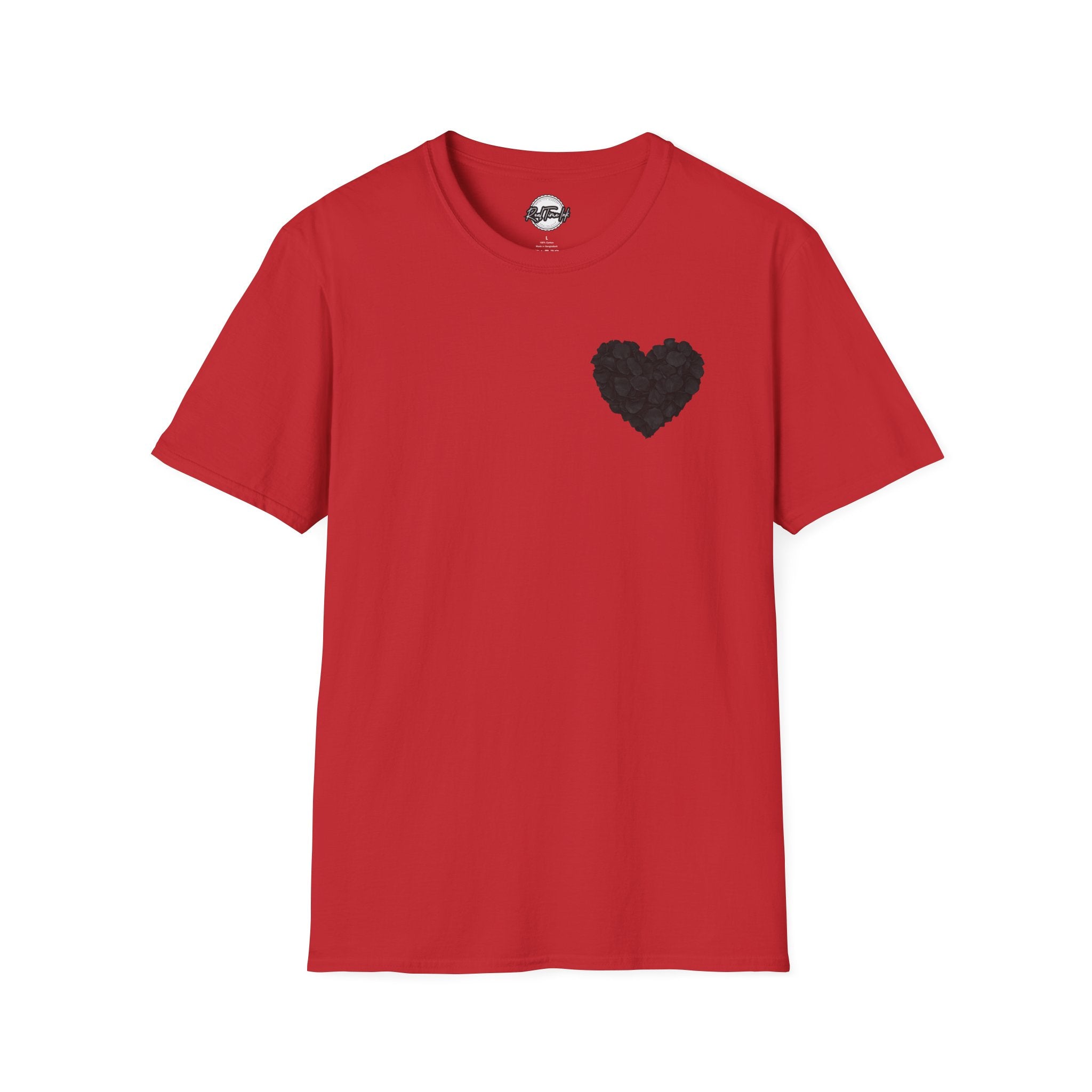 Black Rose Petal Heart T-Shirt — Minimal Floral Heart Tee for Valentine's & Everyday