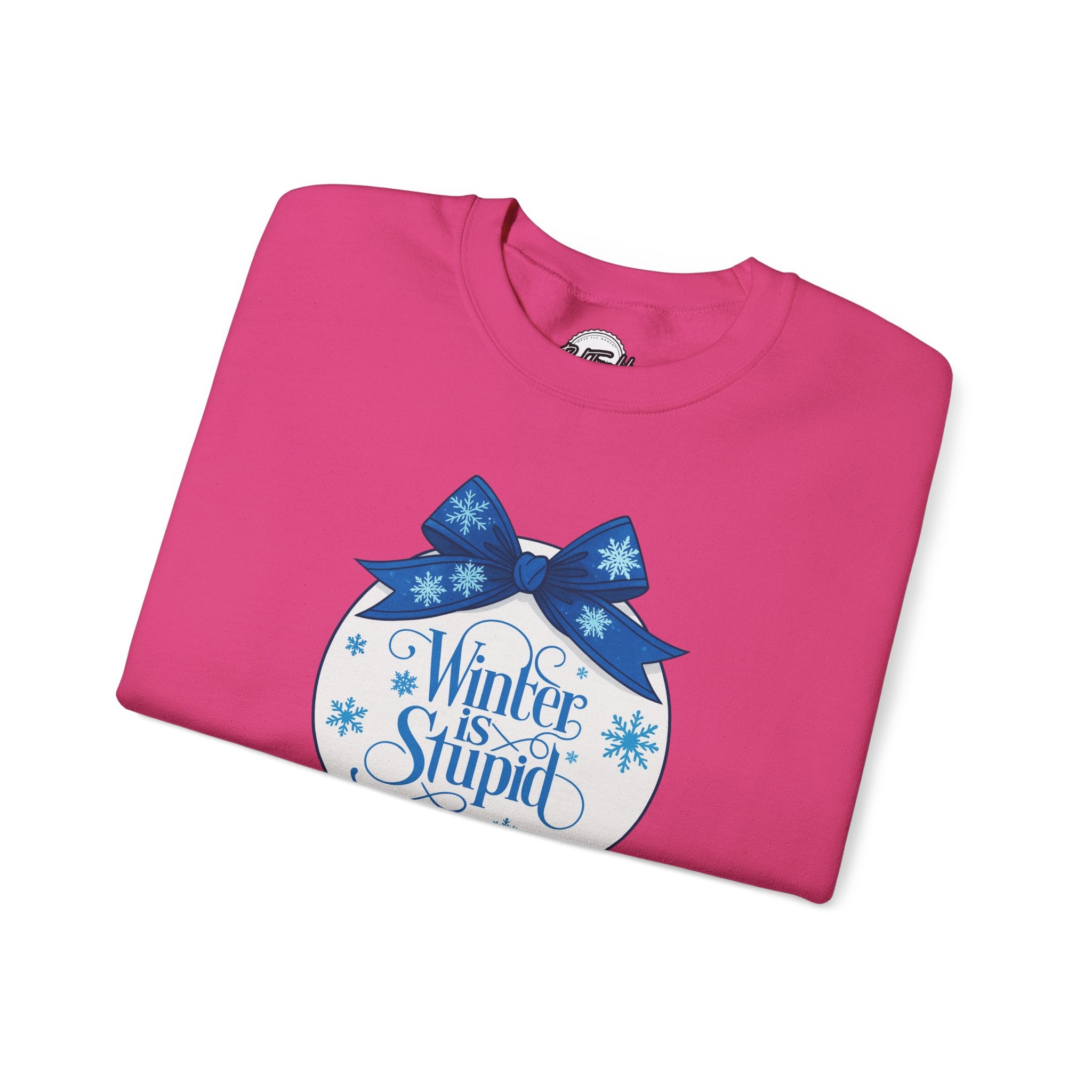 Winter Is Stupid Sweatshirt — Funny Holiday Crewneck with Blue Snowflake Ornament