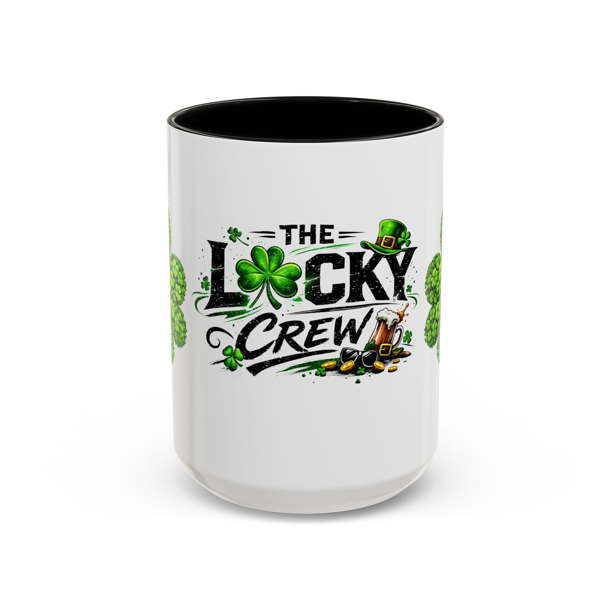 St. Patrick's 'The Lucky Crew' Accent Coffee Mug – Clover & Beer Shamrock Design (11/15 oz)