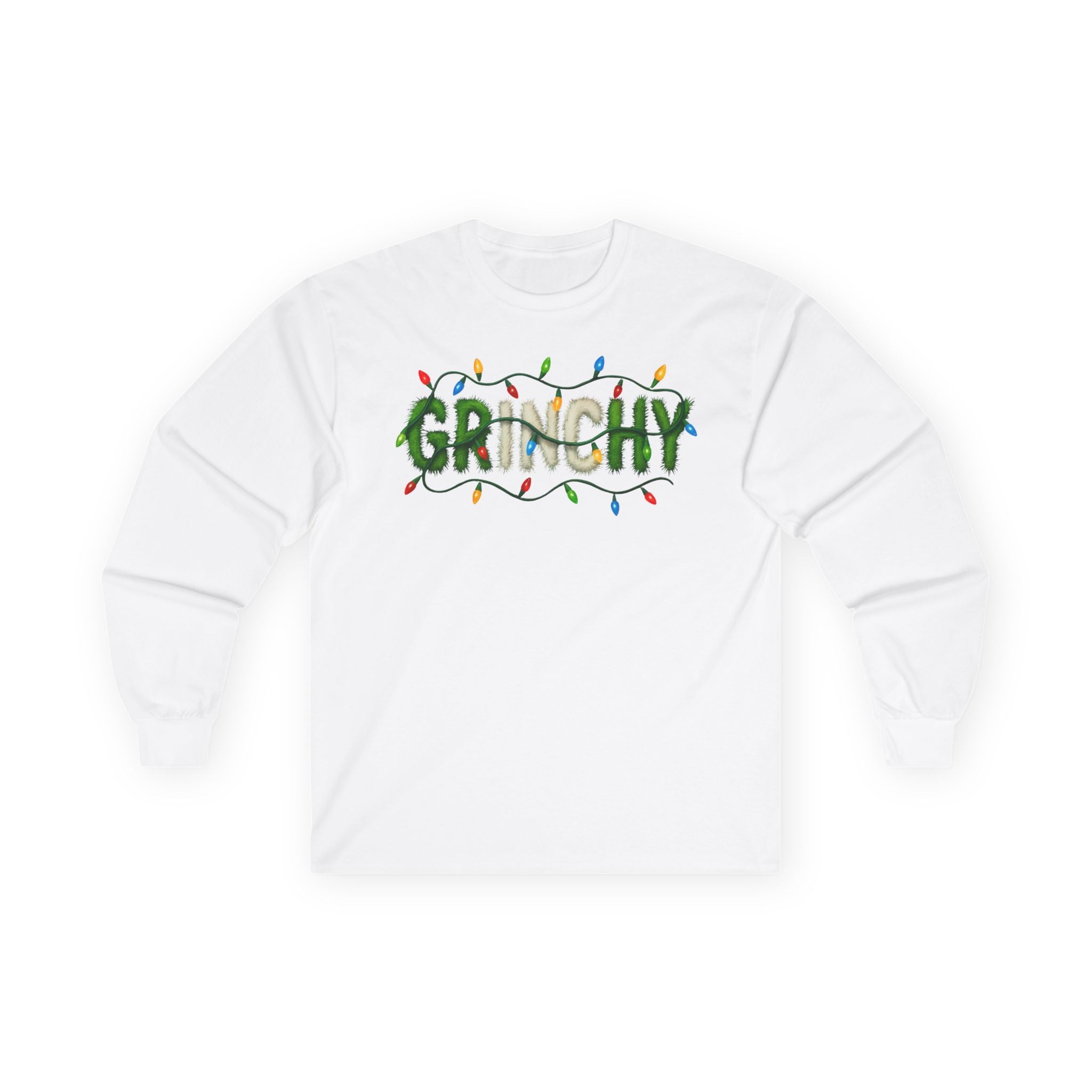 Grinchy Christmas Long Sleeve Tee — Holiday Light‑Wrapped Graphic