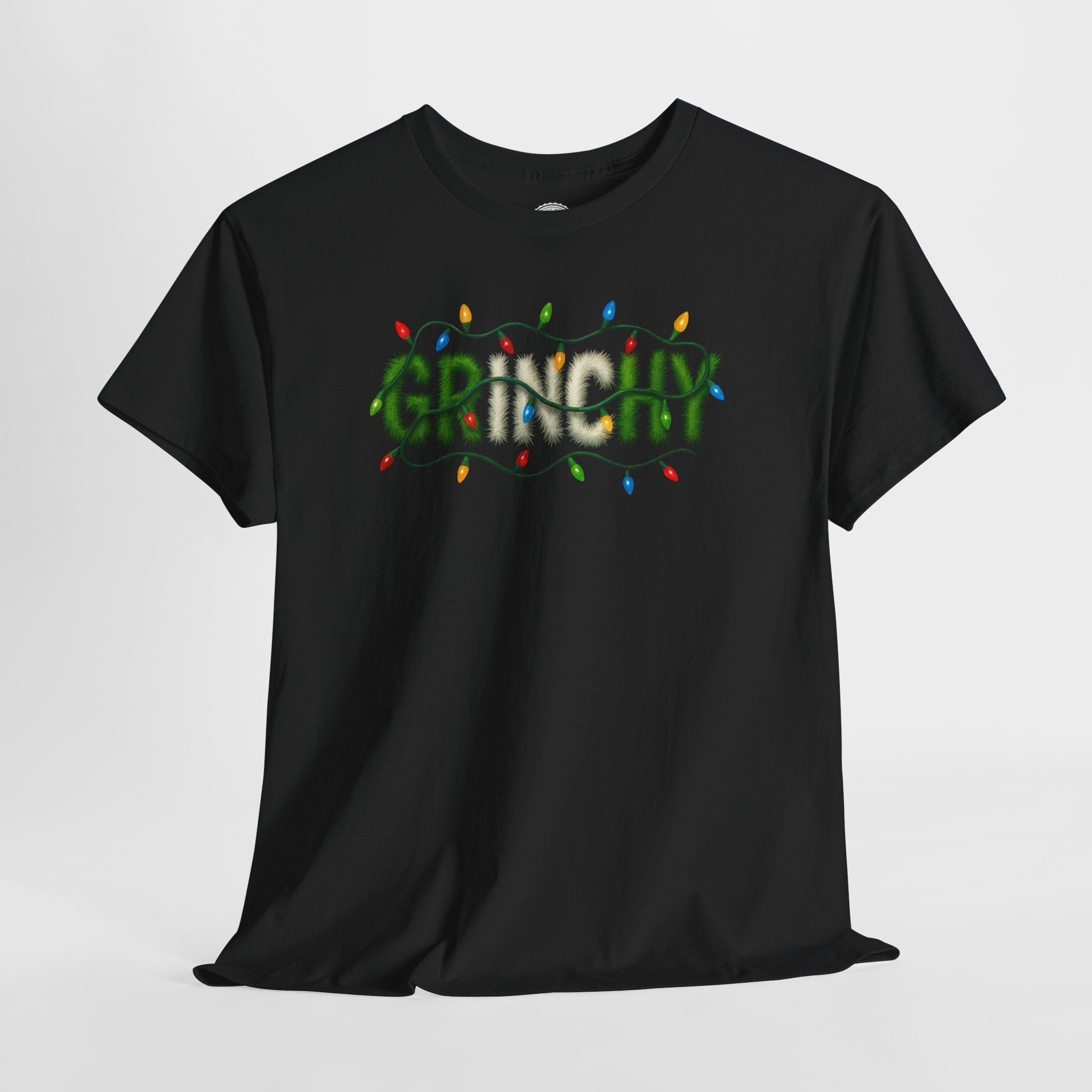 Grinchy Christmas Tee — 'Grinchy' Text with Holiday Lights