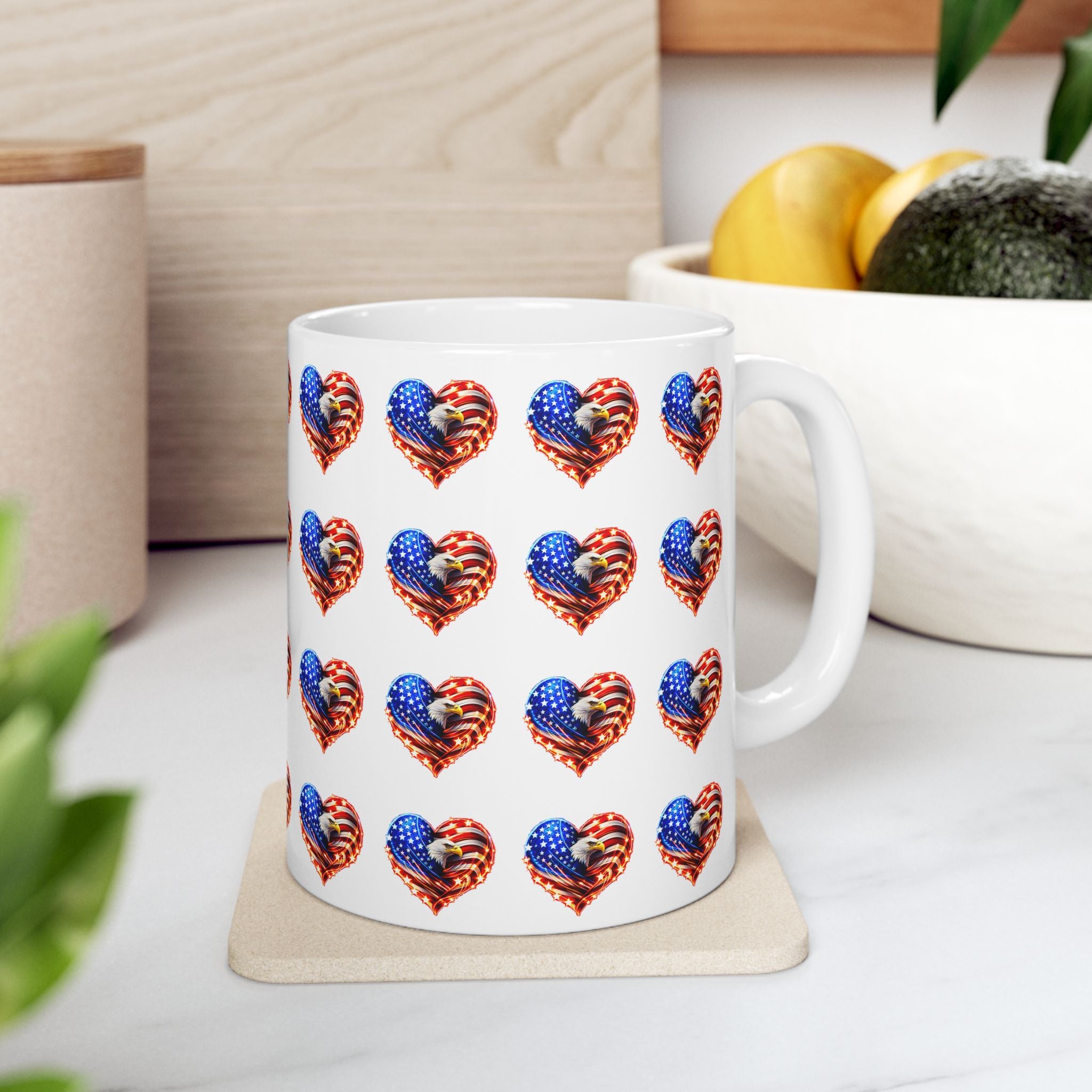 American Flag Heart Ceramic Mug — Patriotic 11oz/15oz Coffee Cup