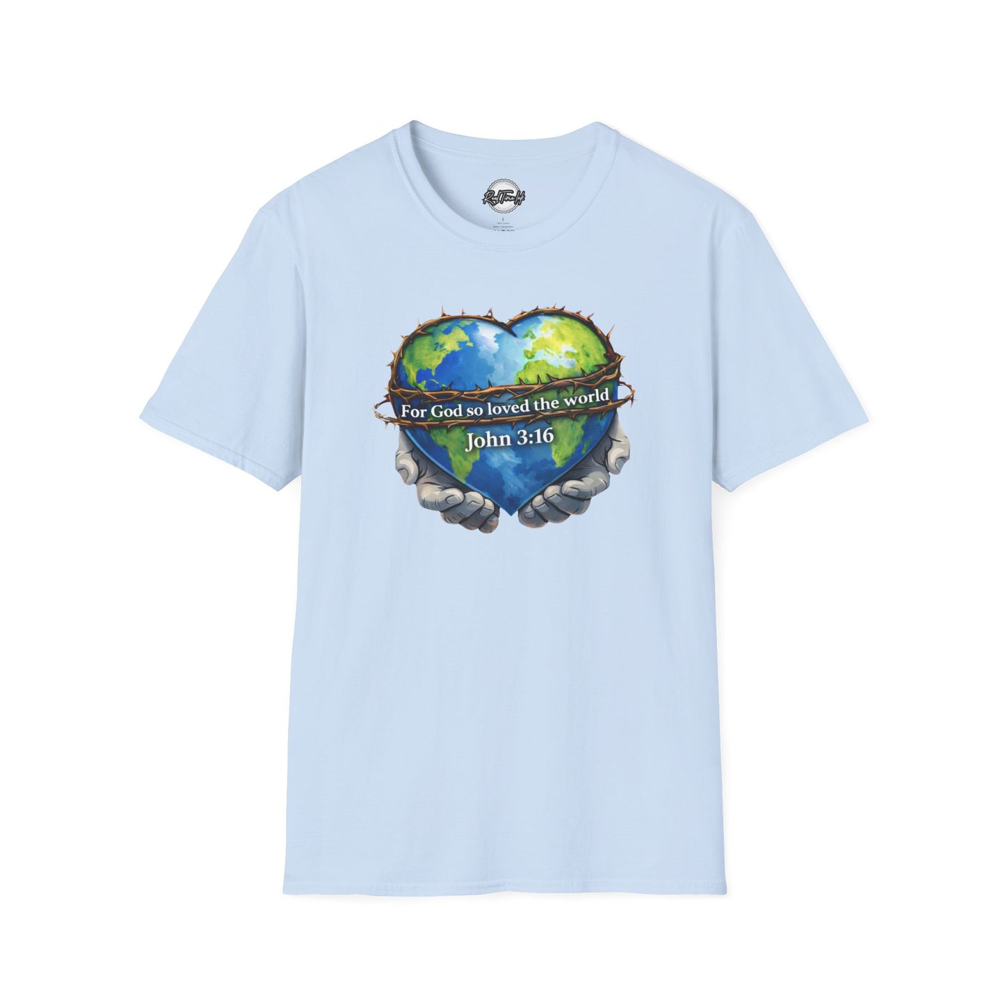 John 3:16 Heart Globe Christian T-Shirt — "For God so loved the world" Faith Tee