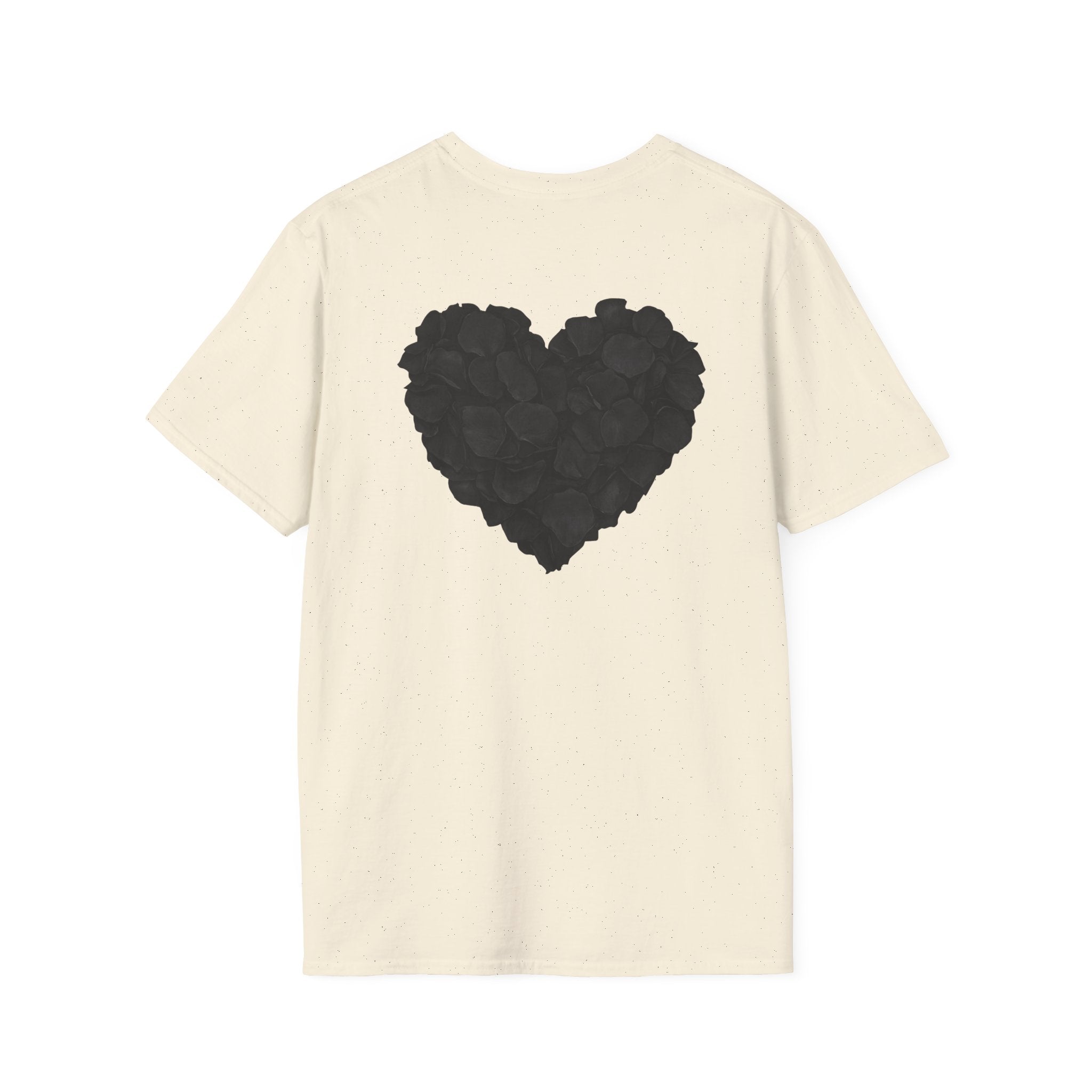 Black Rose Petal Heart T-Shirt — Minimal Floral Heart Tee for Valentine's & Everyday