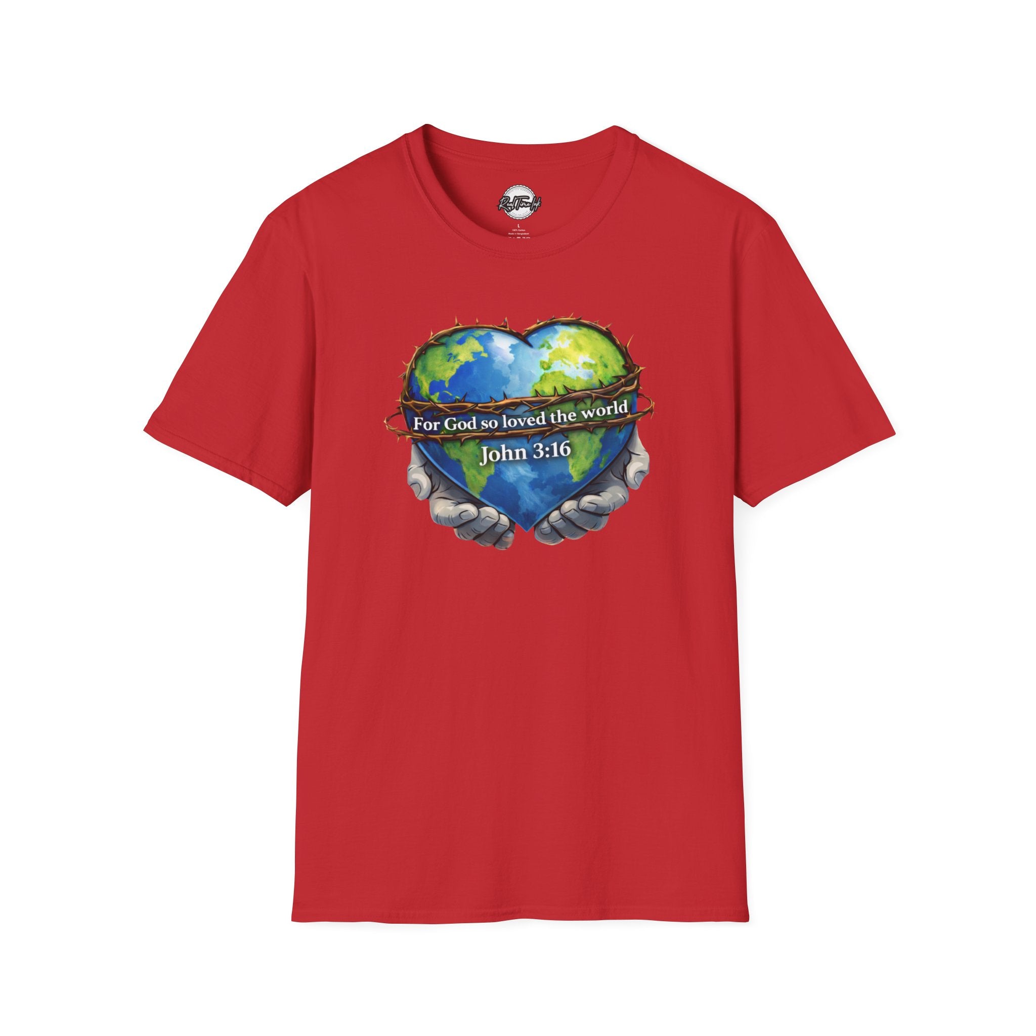 John 3:16 Heart Globe Christian T-Shirt — "For God so loved the world" Faith Tee