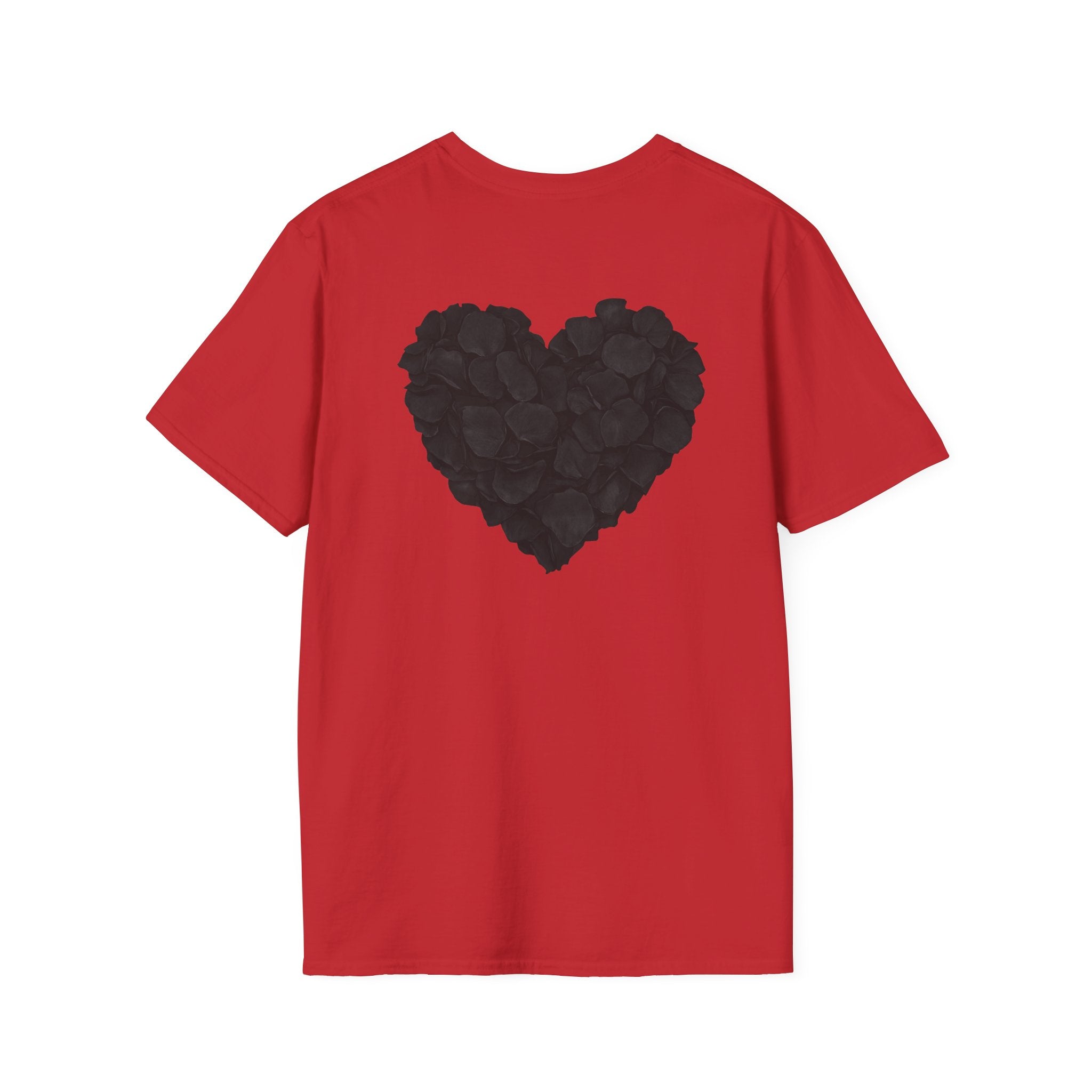 Black Rose Petal Heart T-Shirt — Minimal Floral Heart Tee for Valentine's & Everyday