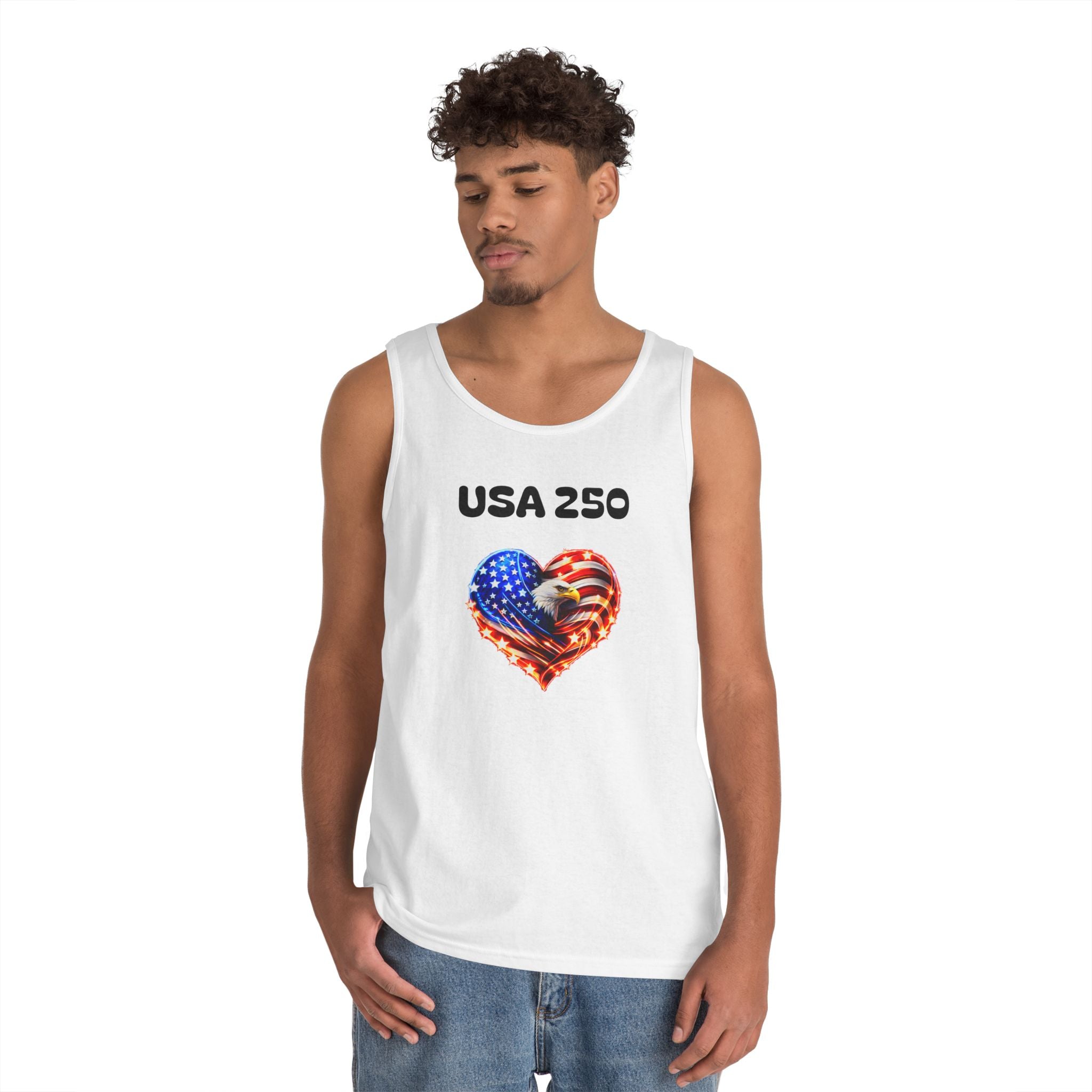 USA 250 Heart Tank Top — Patriotic American Flag Sleeveless Shirt