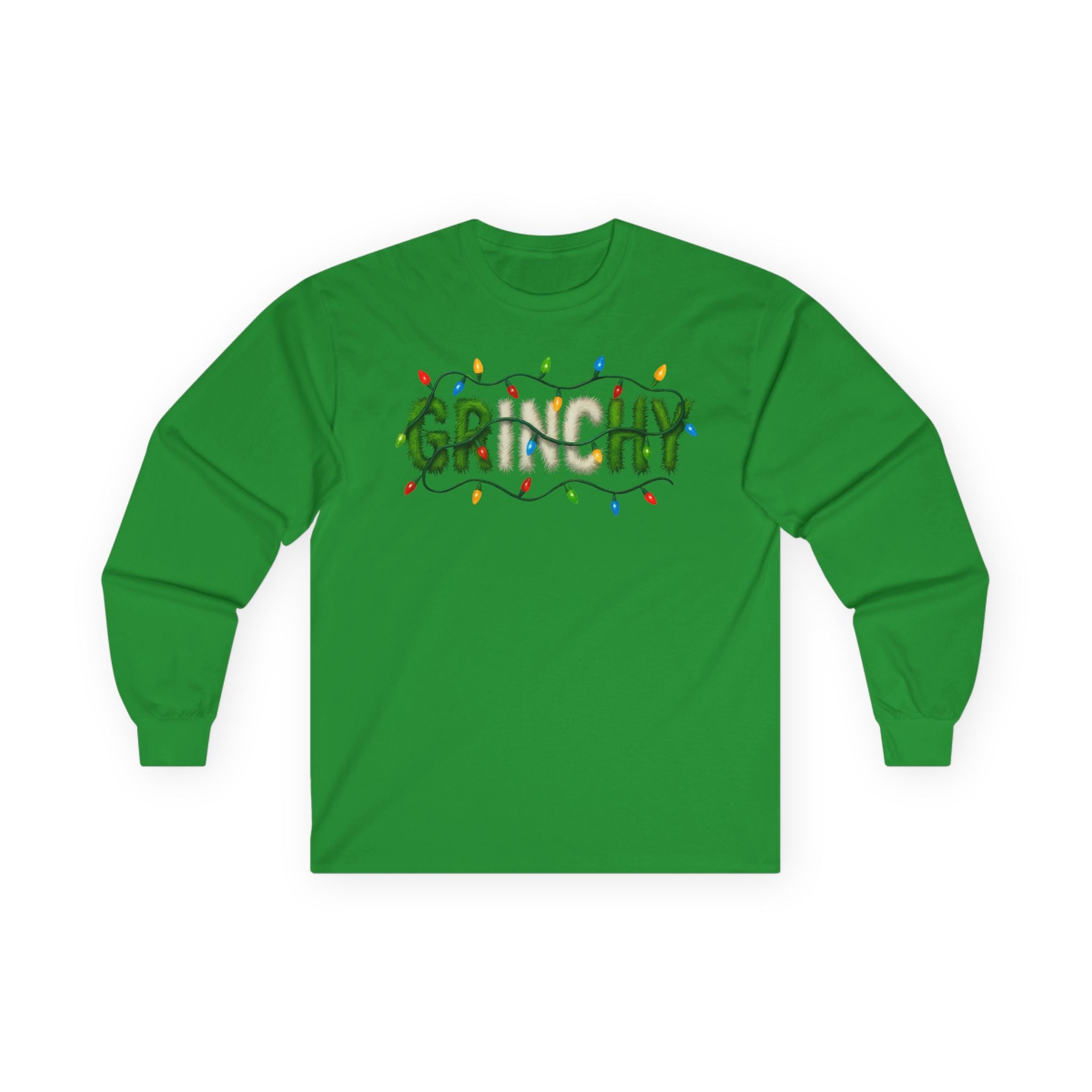 Grinchy Christmas Long Sleeve Tee — Holiday Light‑Wrapped Graphic