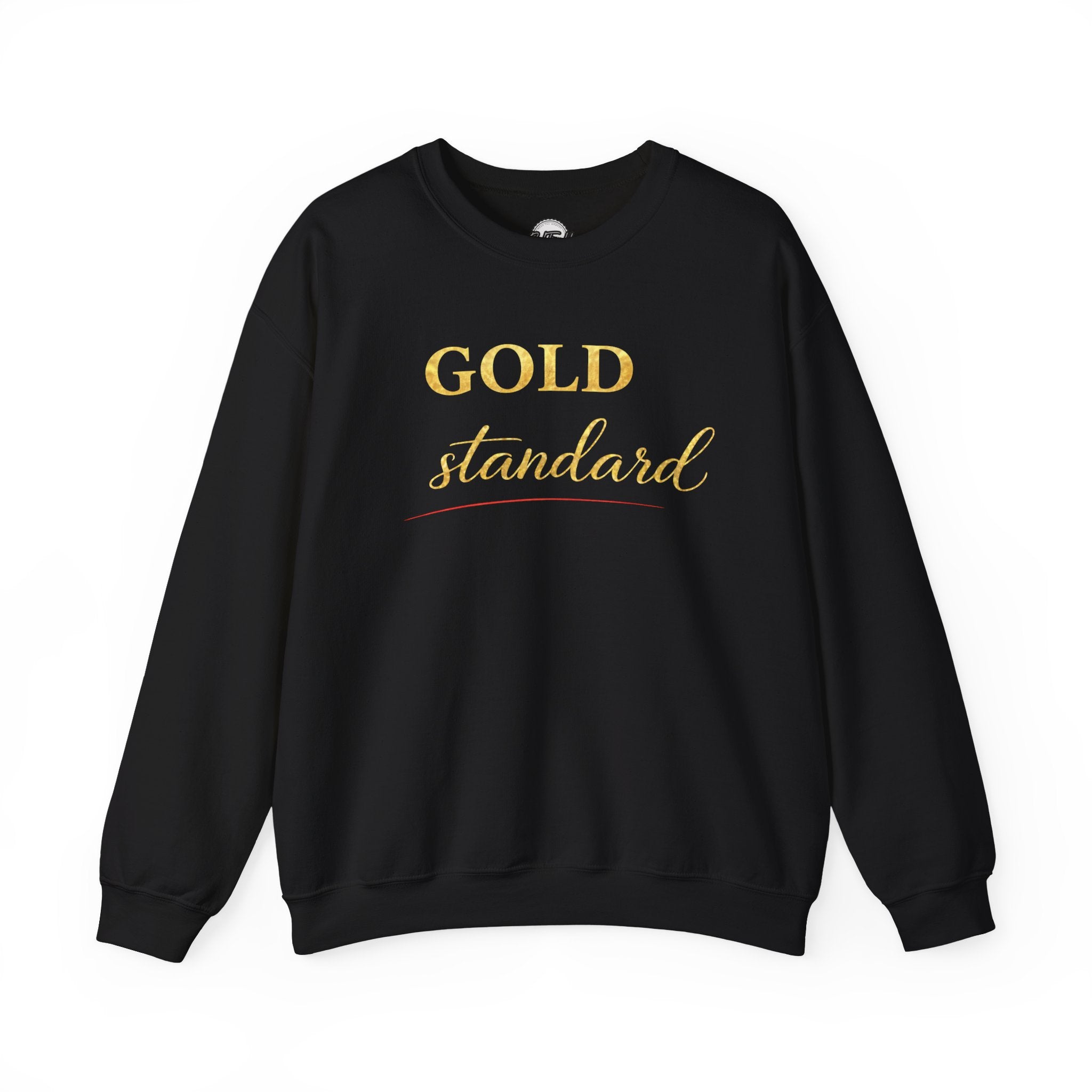 Gold Standard Crewneck Sweatshirt — White Cozy Pullover with Gold Script