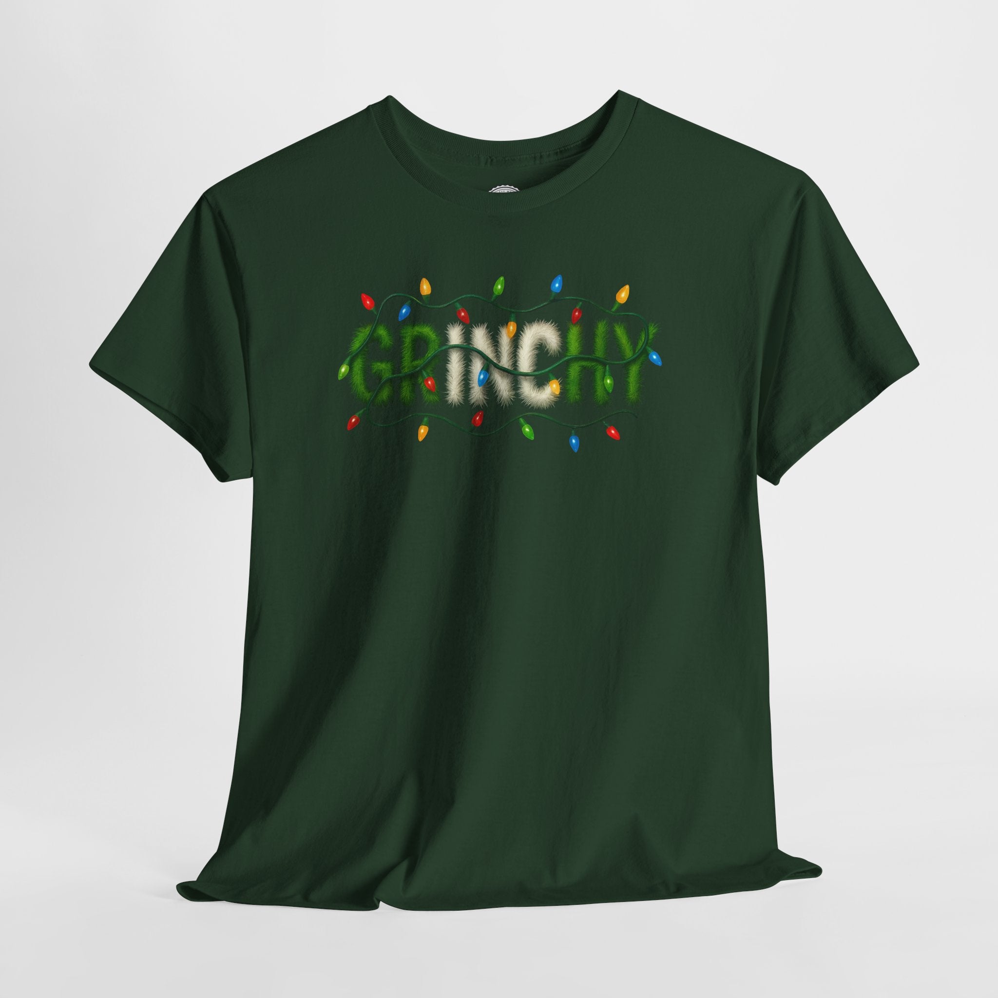 Grinchy Christmas Tee — 'Grinchy' Text with Holiday Lights