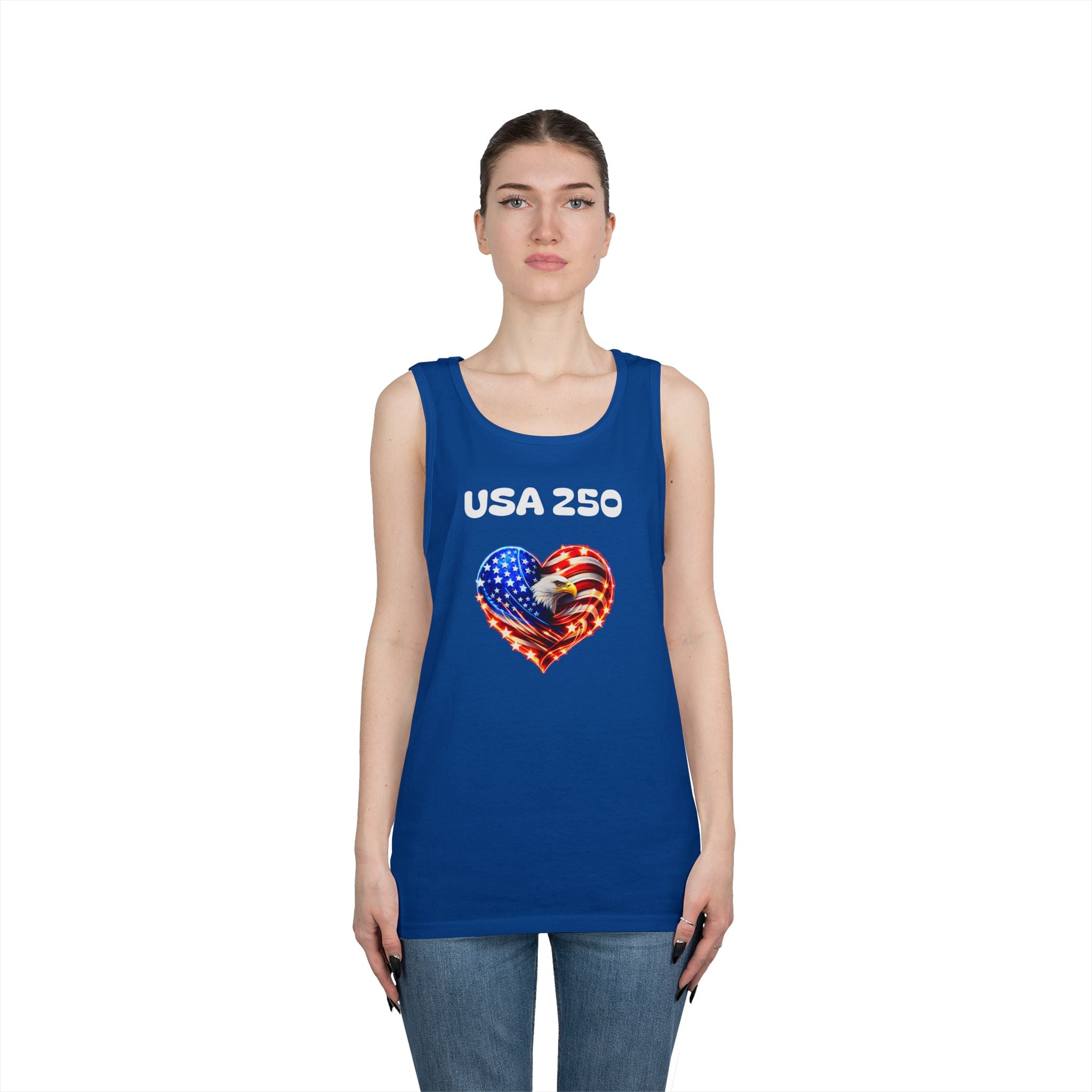 USA 250 Heart Tank Top — Patriotic American Flag Sleeveless Shirt