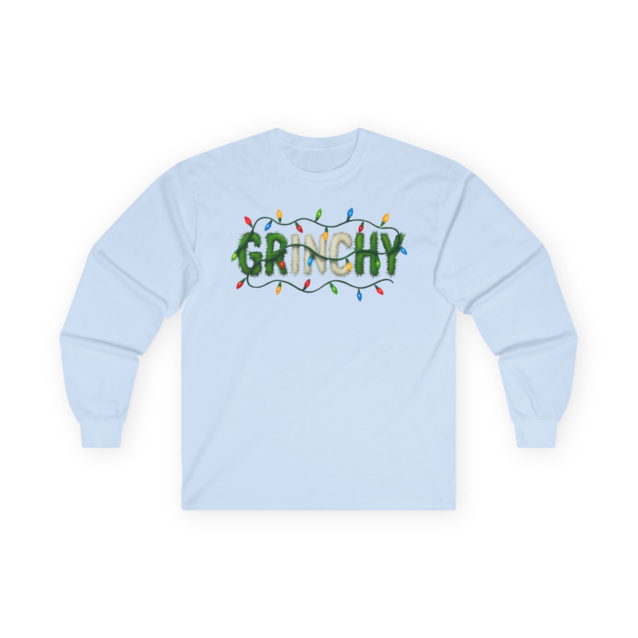 Grinchy Christmas Long Sleeve Tee — Holiday Light‑Wrapped Graphic