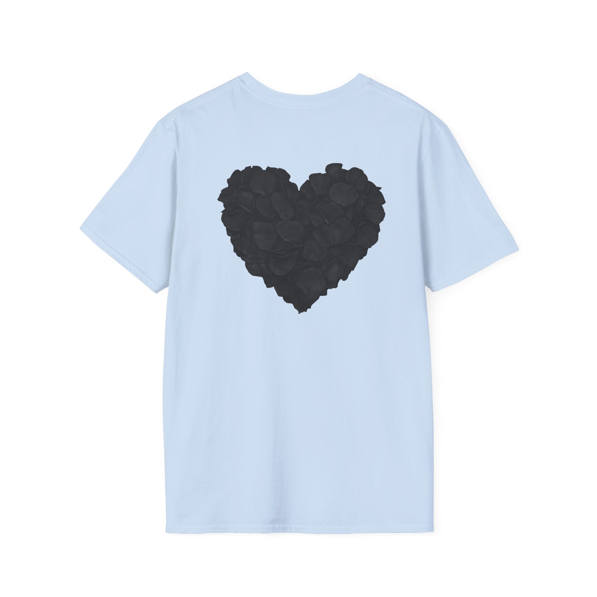 Black Rose Petal Heart T-Shirt — Minimal Floral Heart Tee for Valentine's & Everyday
