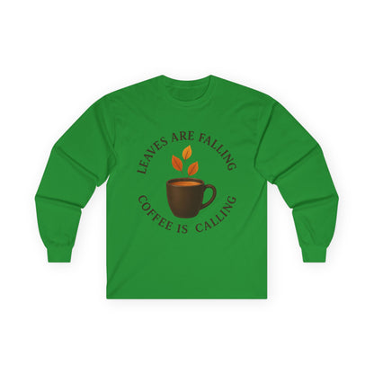 Fall-Themed Long Sleeve Tee, Cozy Autumn Shirt, Coffee Lover's Gift, Perfect for Thanksgiving, Stylish Layering Top
