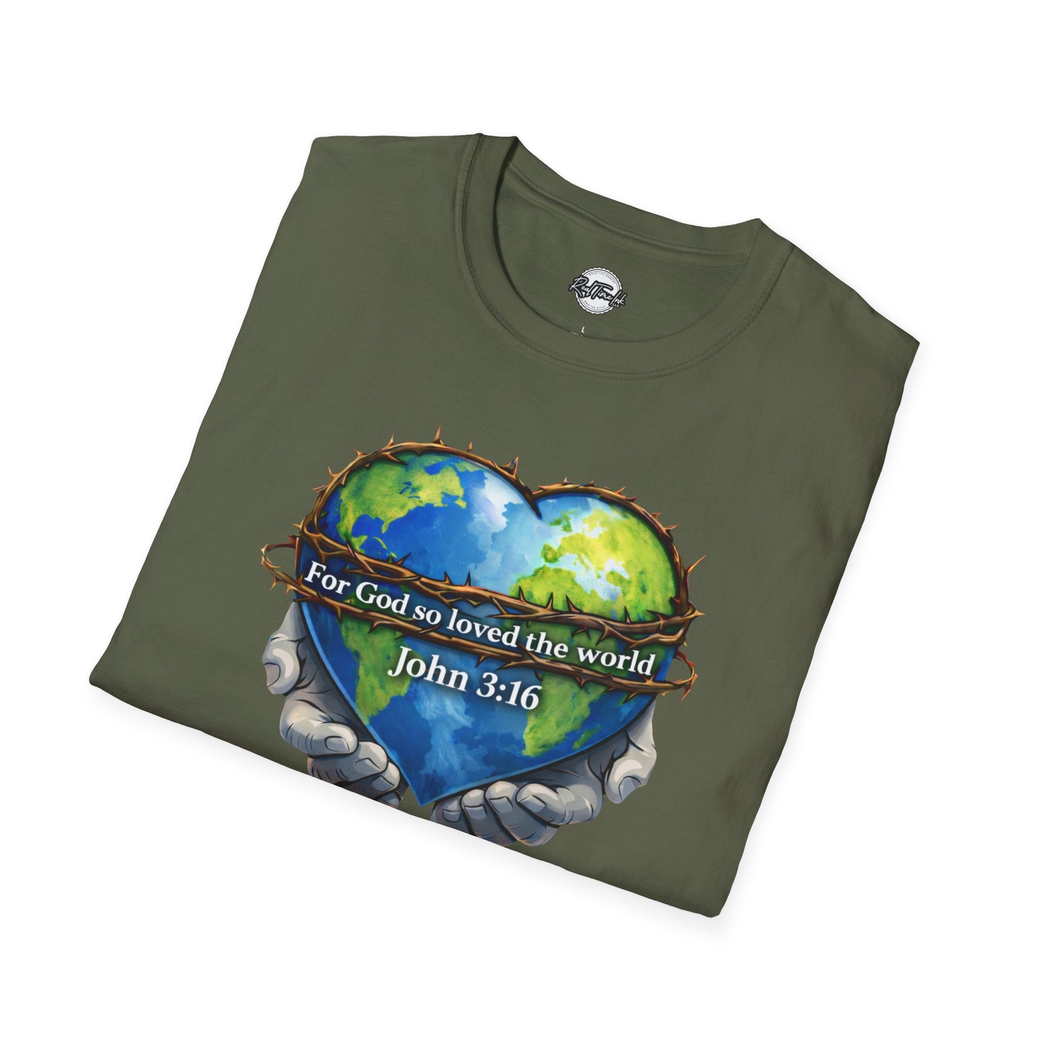 John 3:16 Heart Globe Christian T-Shirt — "For God so loved the world" Faith Tee