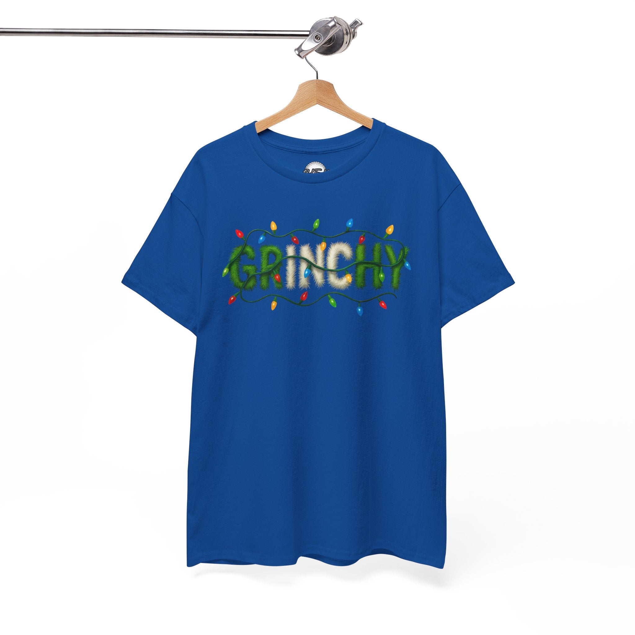 Grinchy Christmas Tee — 'Grinchy' Text with Holiday Lights