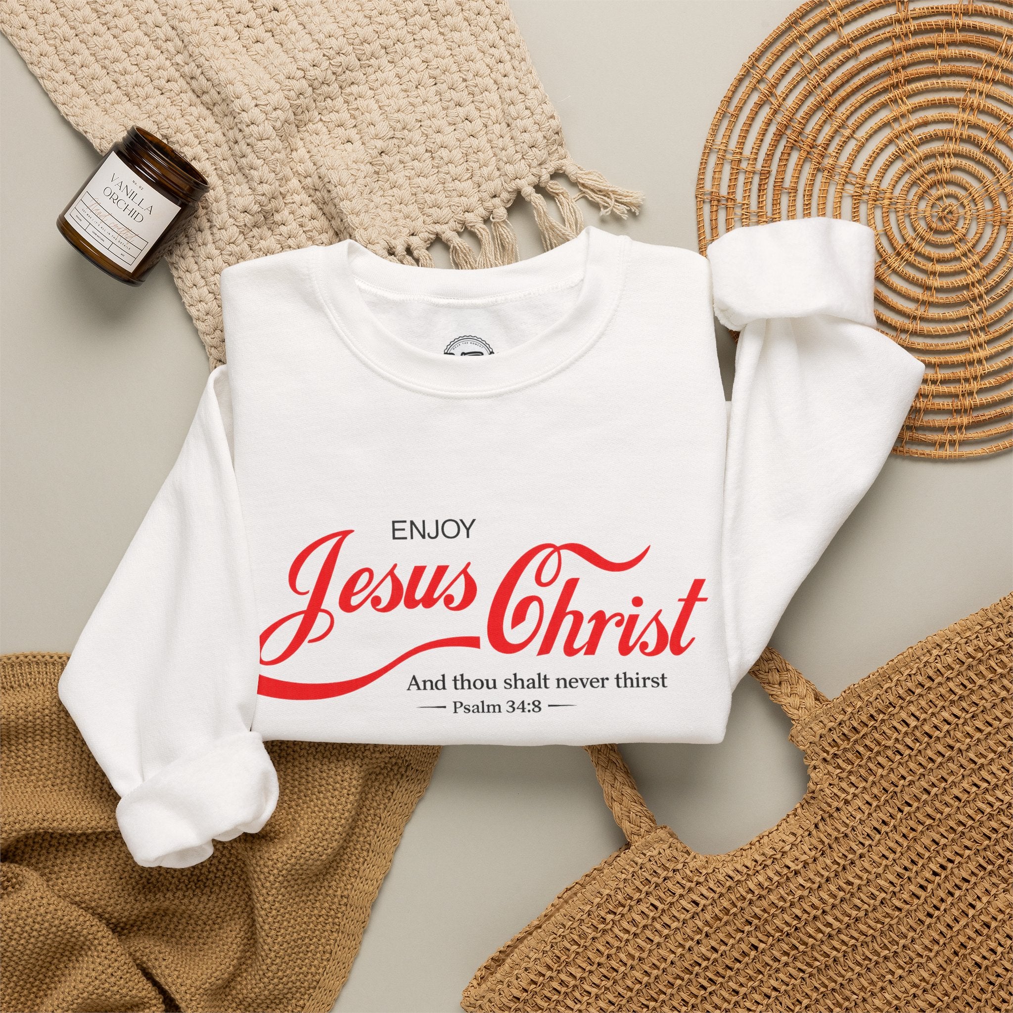 Enjoy Jesus Christ Crewneck Sweatshirt — Inspirational Christian Faith Sweatshirt (Psalm 34:8)