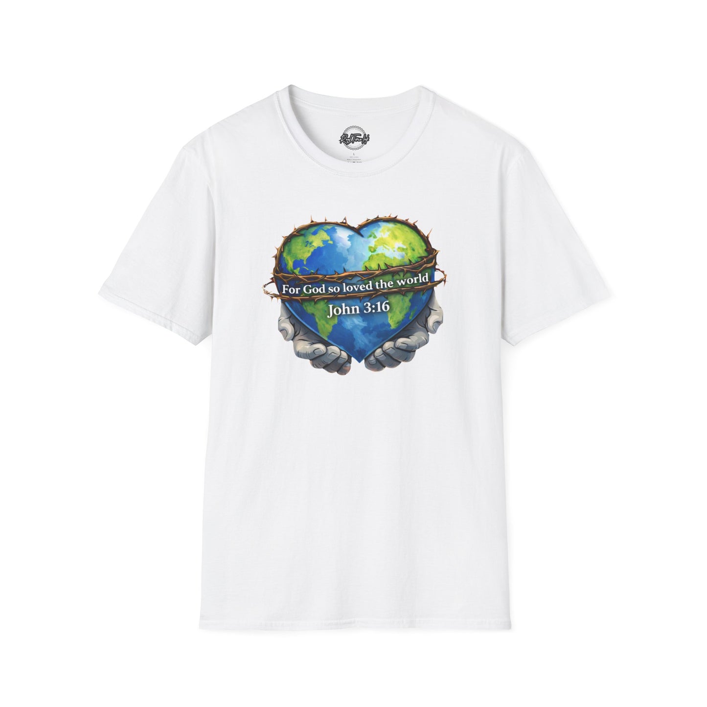 John 3:16 Heart Globe Christian T-Shirt — "For God so loved the world" Faith Tee