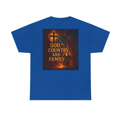 Patriotic Unisex Heavy Cotton Tee - God Country Family, Independence Day Shirt, Veteran Gift, Family Gathering Tee, Fourth of July Clothing