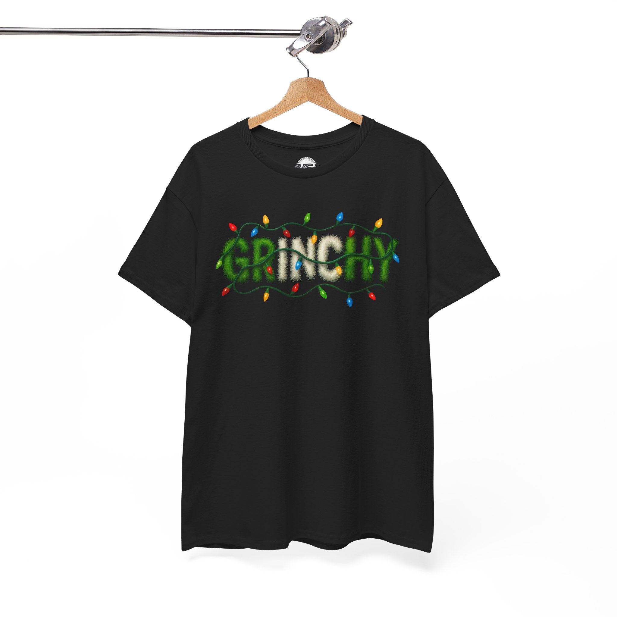 Grinchy Christmas Tee — 'Grinchy' Text with Holiday Lights