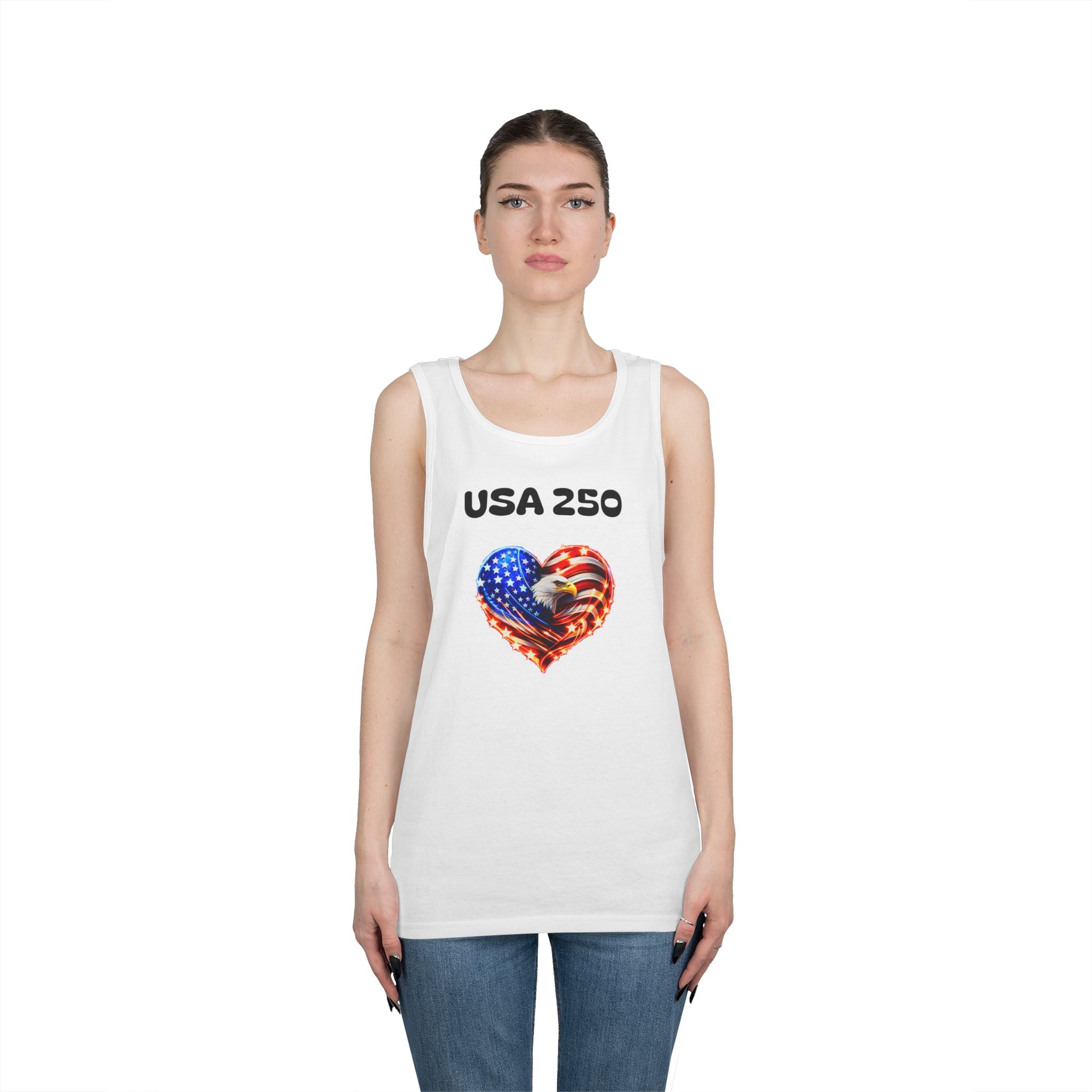USA 250 Heart Tank Top — Patriotic American Flag Sleeveless Shirt