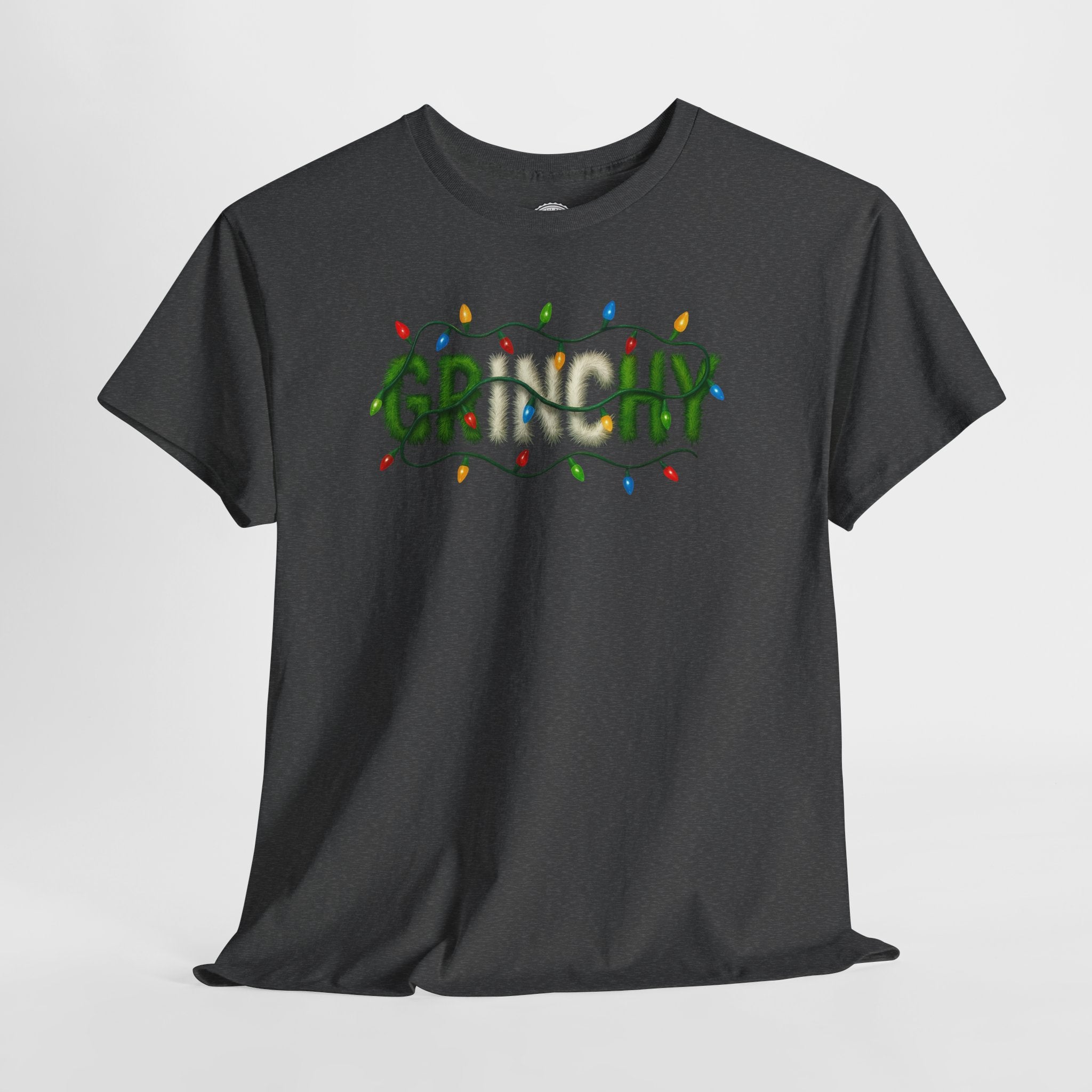 Grinchy Christmas Tee — 'Grinchy' Text with Holiday Lights
