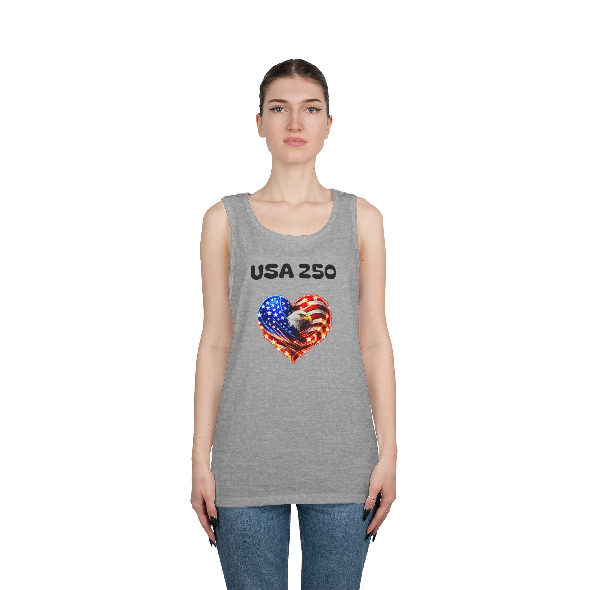 USA 250 Heart Tank Top — Patriotic American Flag Sleeveless Shirt