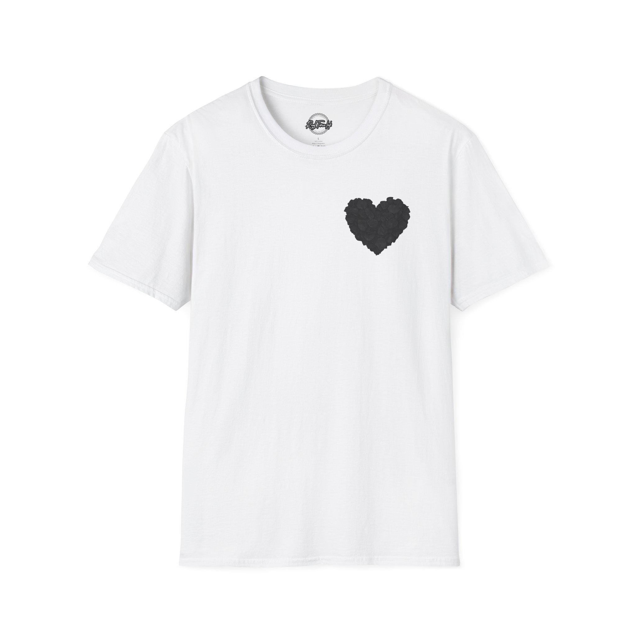 Black Rose Petal Heart T-Shirt — Minimal Floral Heart Tee for Valentine's & Everyday