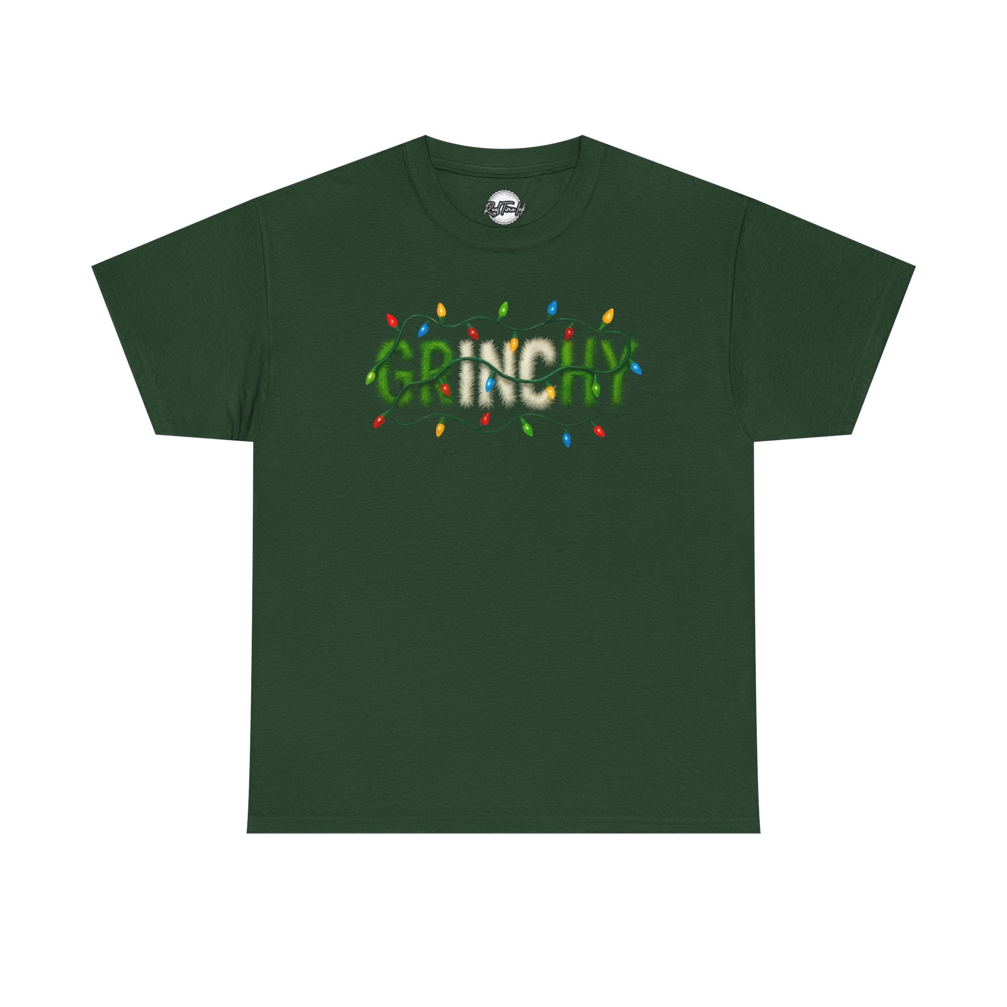Grinchy Christmas Tee — 'Grinchy' Text with Holiday Lights
