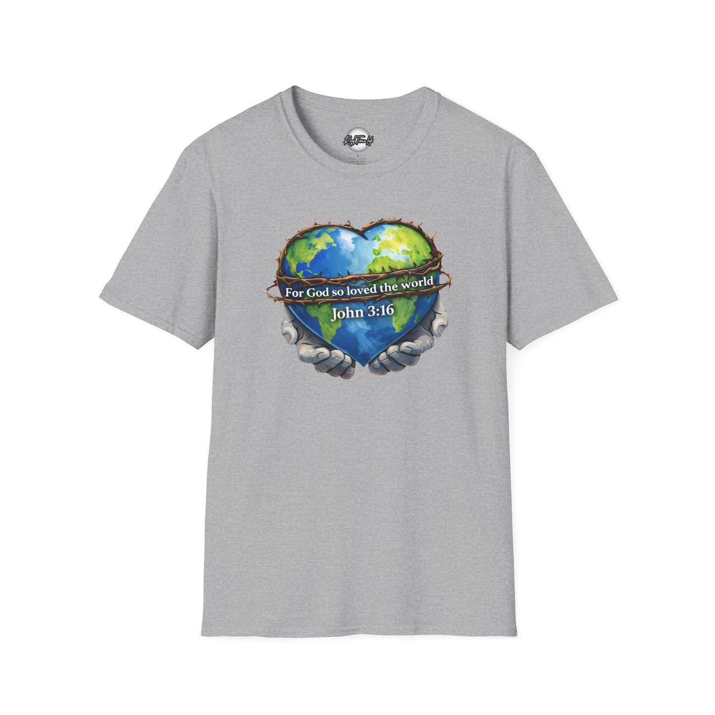 John 3:16 Heart Globe Christian T-Shirt — "For God so loved the world" Faith Tee