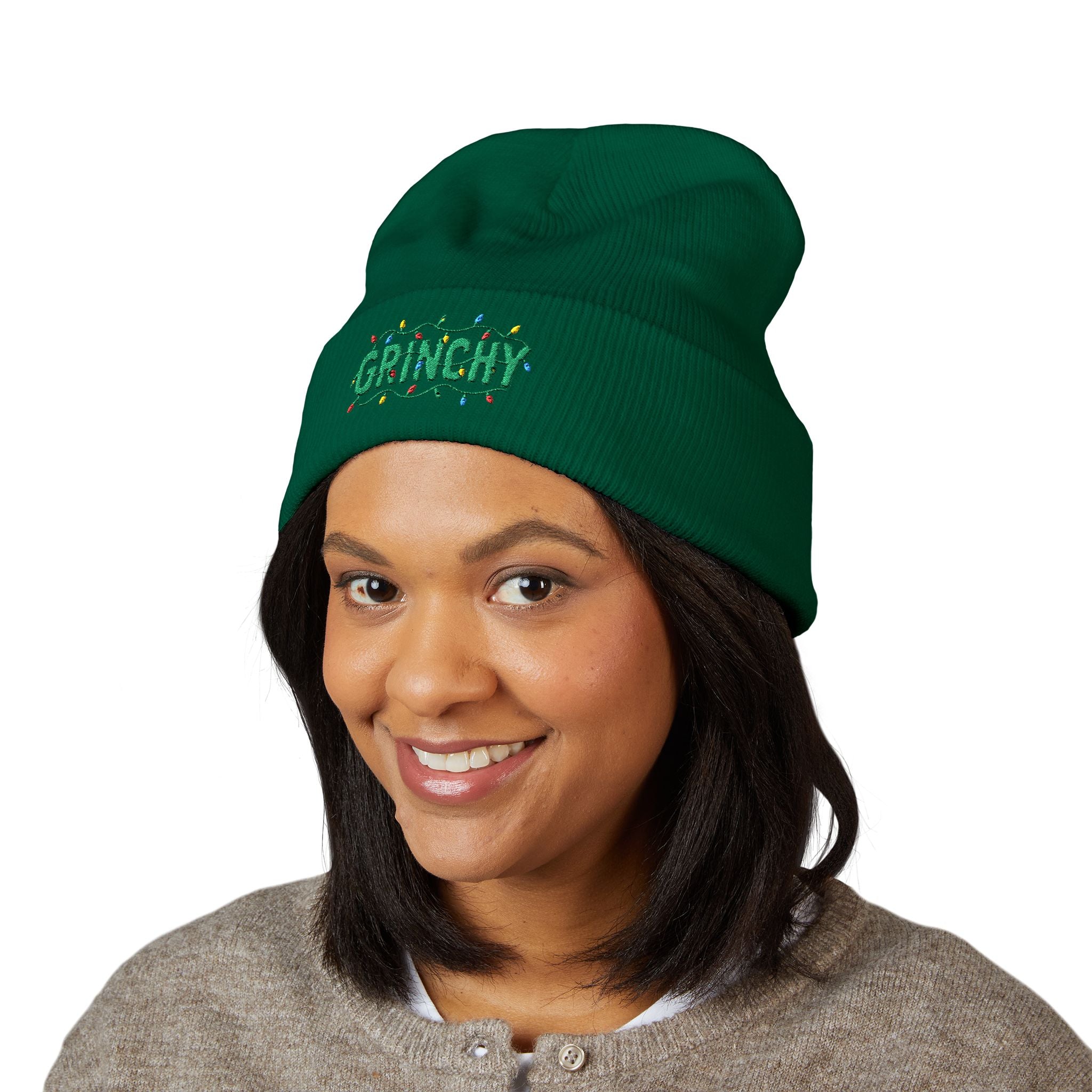 Grinchy Embroidered Cuffed Beanie — Holiday Christmas Knit Hat