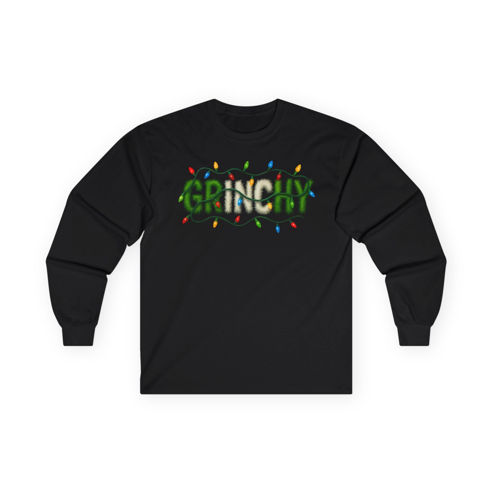 Grinchy Christmas Long Sleeve Tee — Holiday Light‑Wrapped Graphic