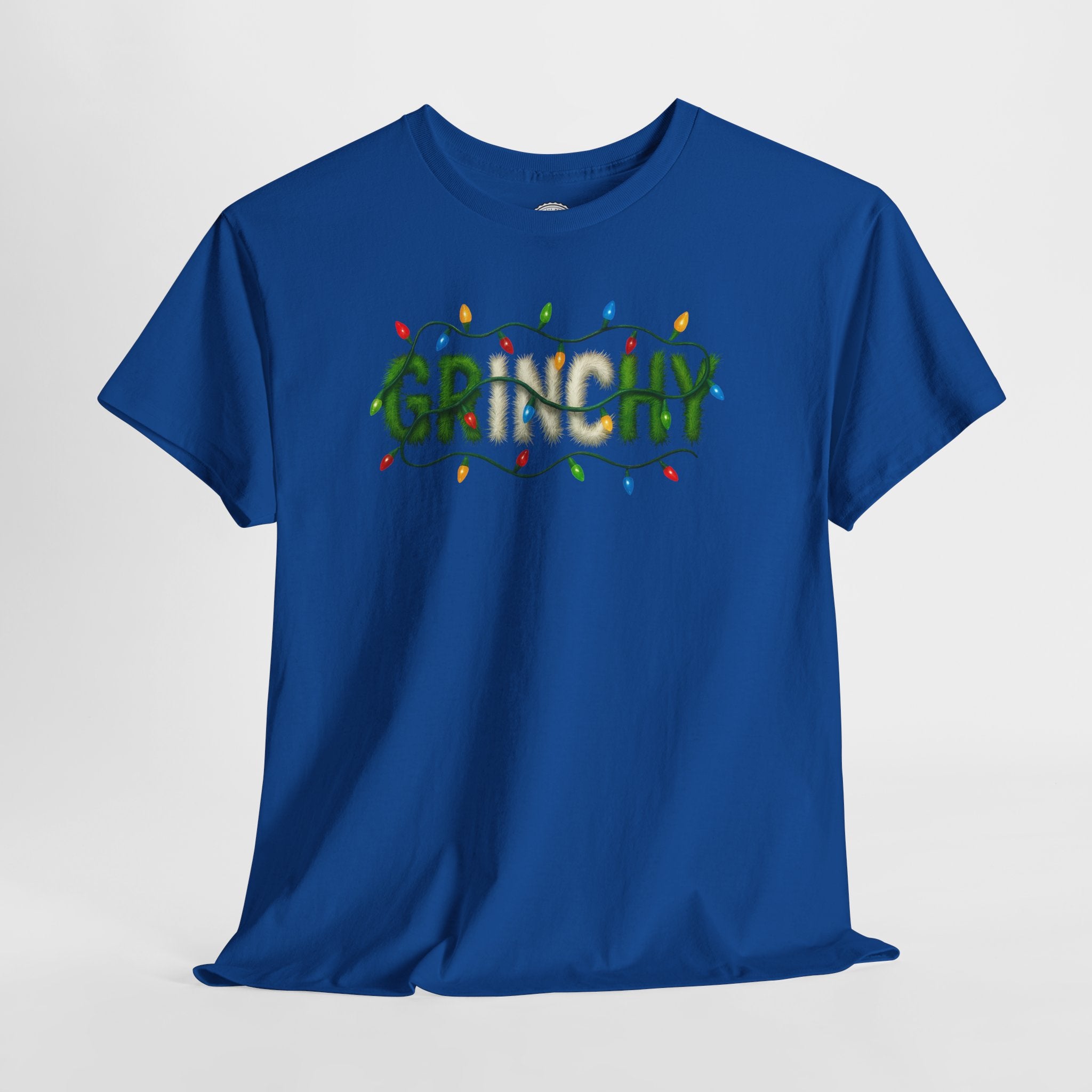 Grinchy Christmas Tee — 'Grinchy' Text with Holiday Lights