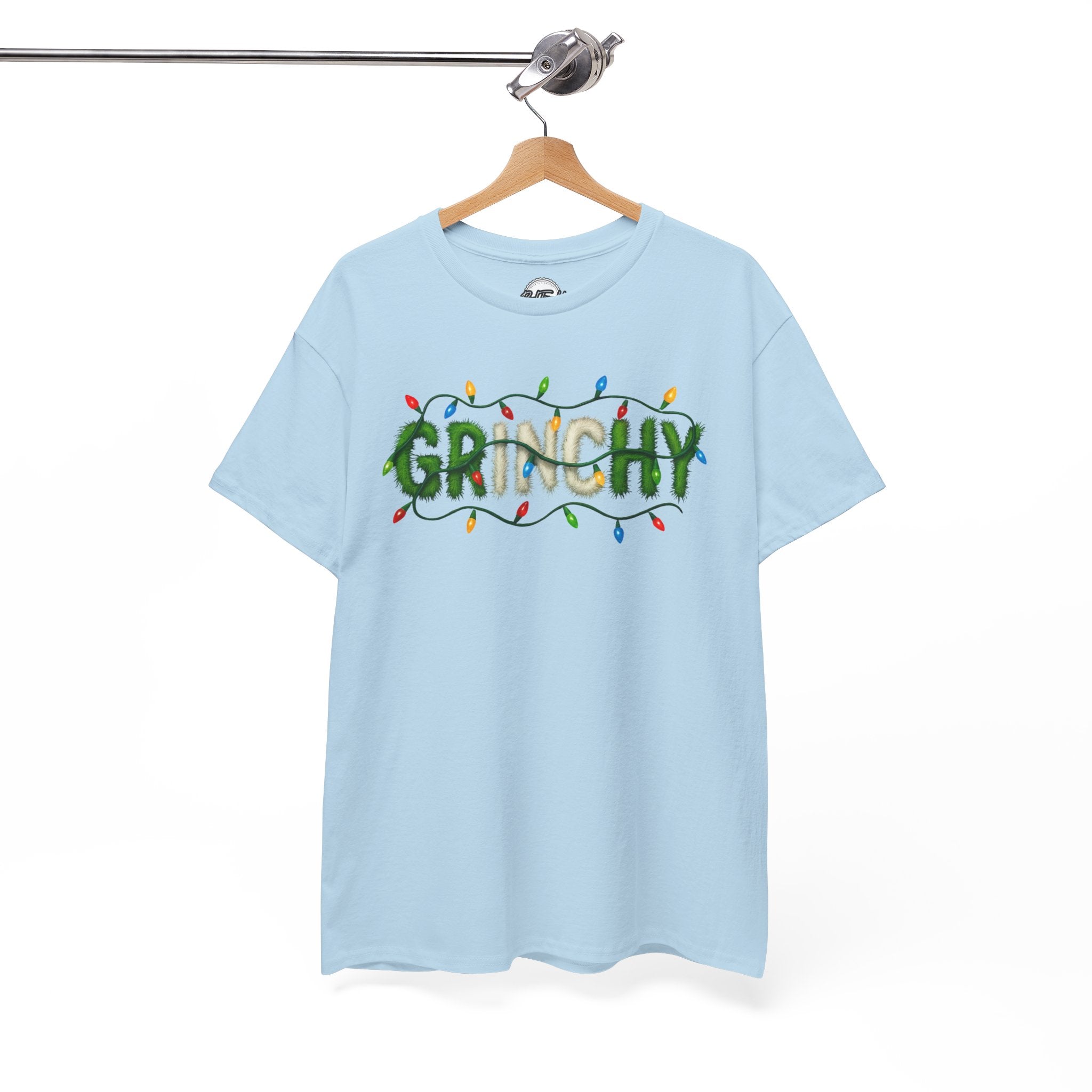 Grinchy Christmas Tee — 'Grinchy' Text with Holiday Lights