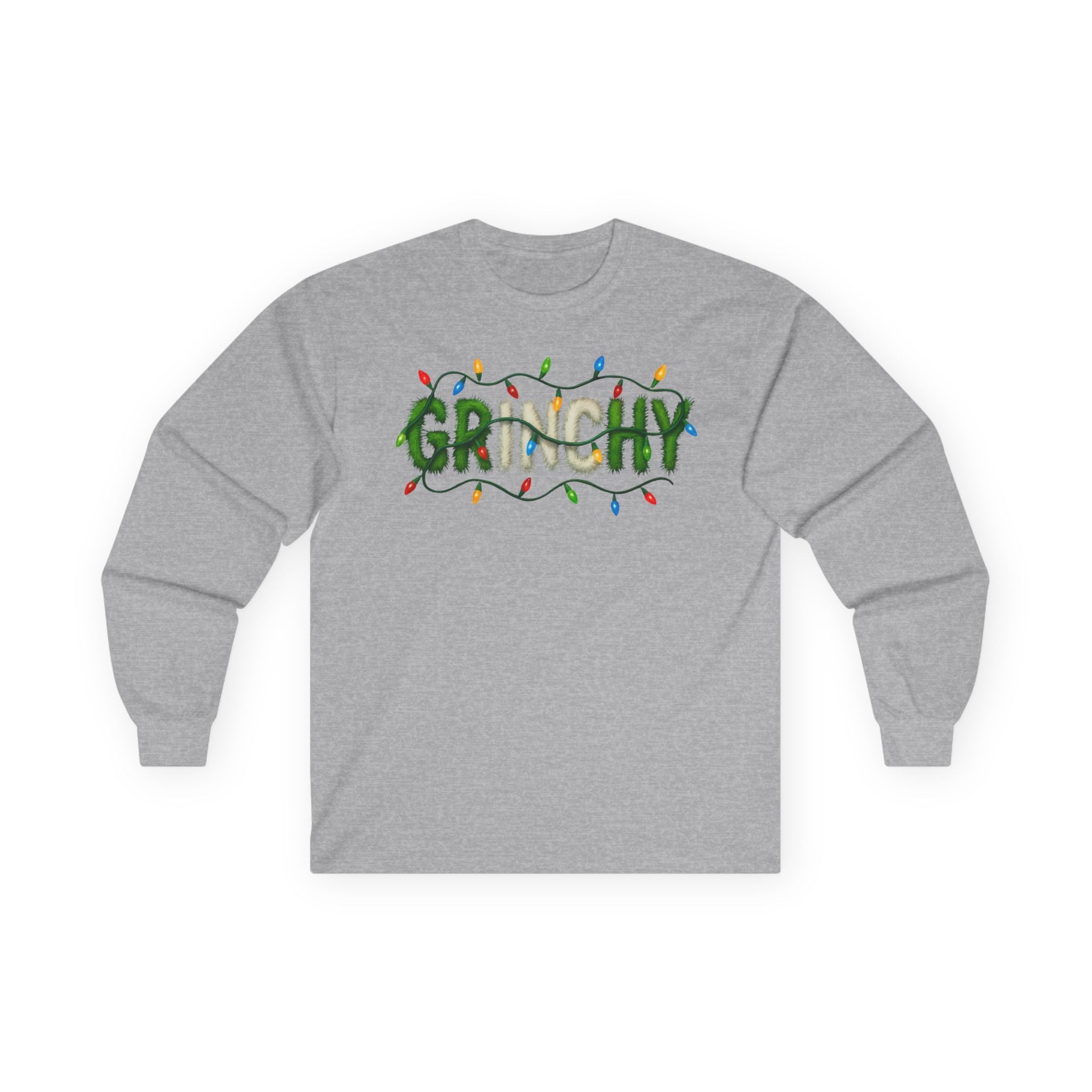 Grinchy Christmas Long Sleeve Tee — Holiday Light‑Wrapped Graphic