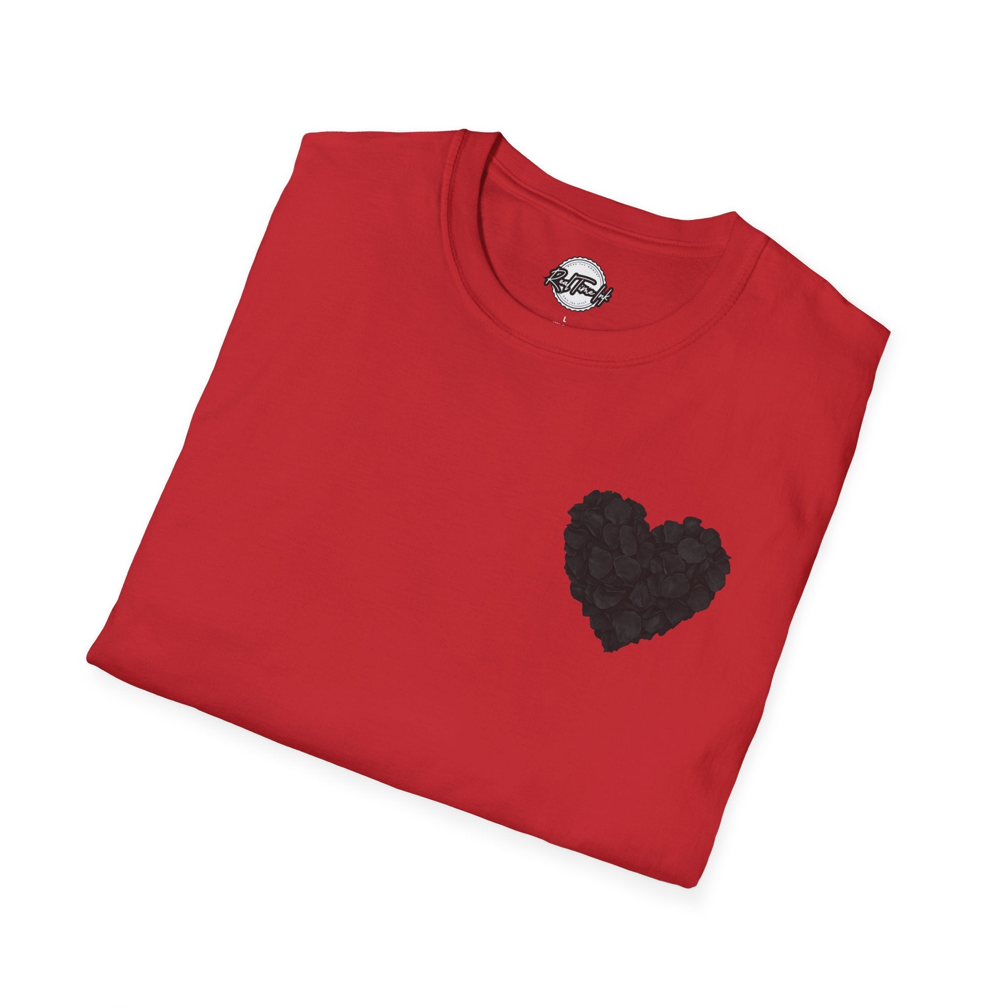 Black Rose Petal Heart T-Shirt — Minimal Floral Heart Tee for Valentine's & Everyday