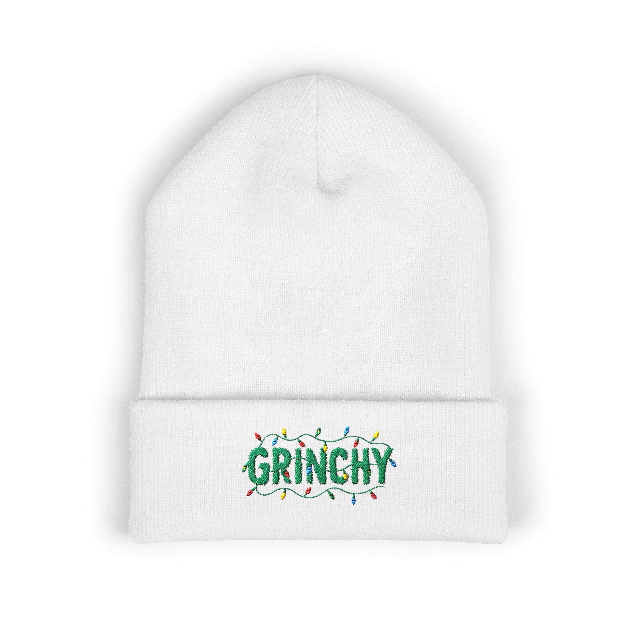 Grinchy Embroidered Cuffed Beanie — Holiday Christmas Knit Hat