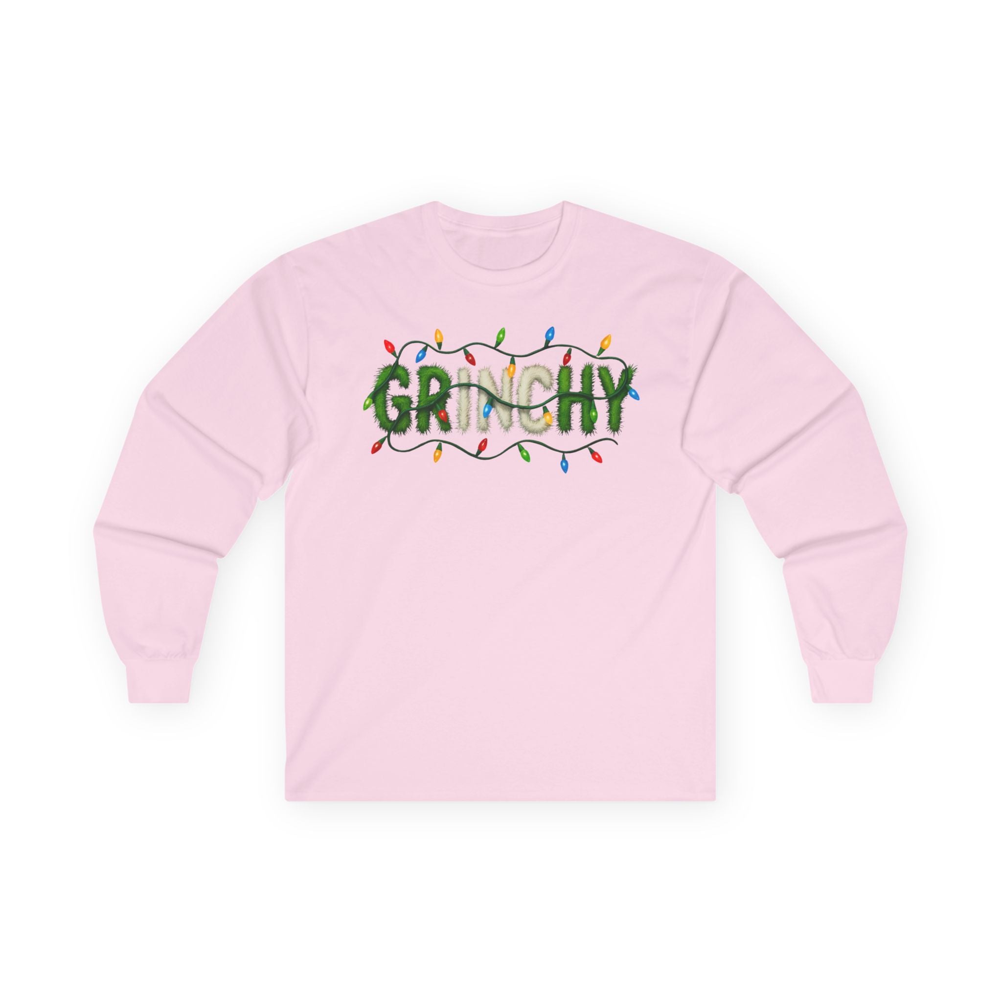Grinchy Christmas Long Sleeve Tee — Holiday Light‑Wrapped Graphic