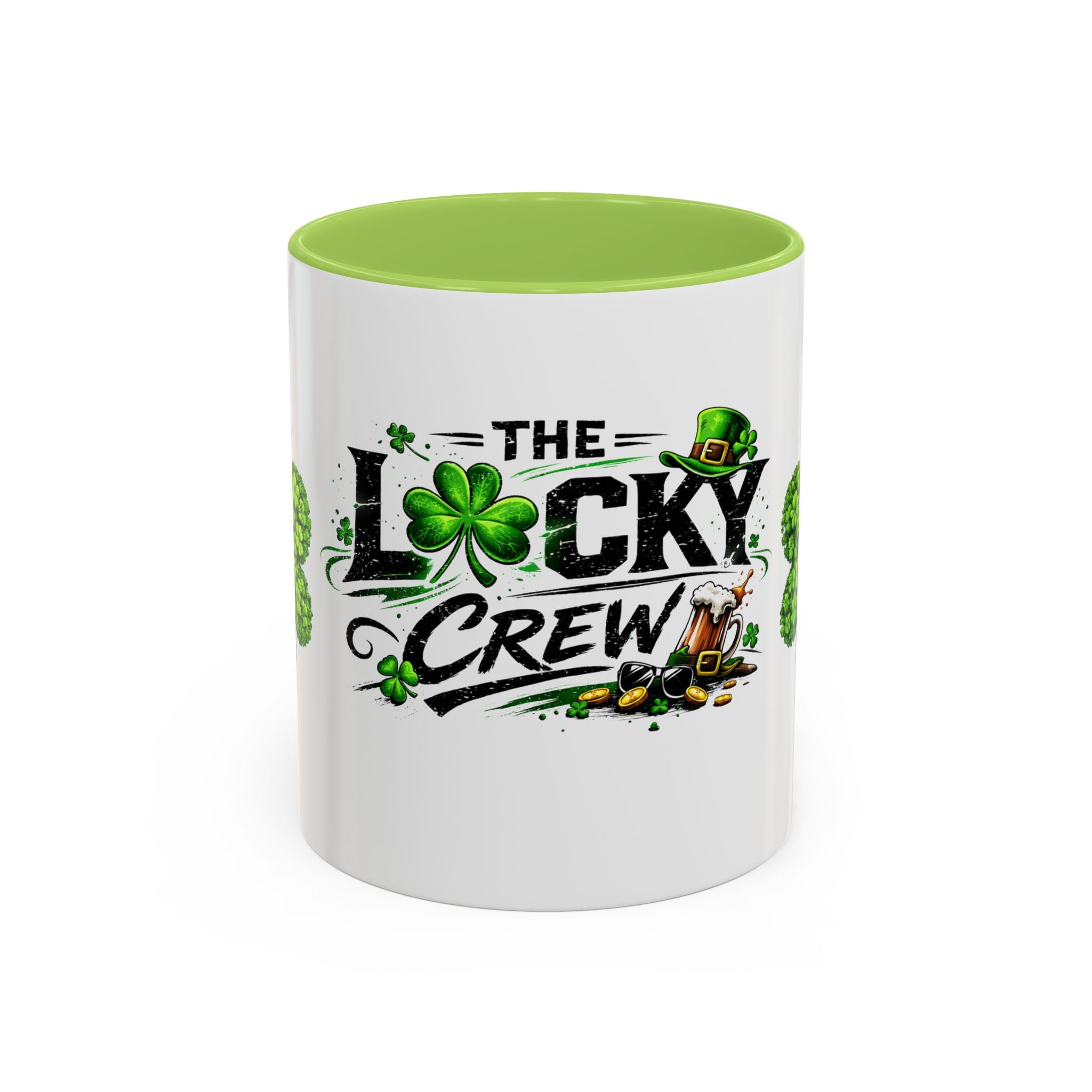 St. Patrick's 'The Lucky Crew' Accent Coffee Mug – Clover & Beer Shamrock Design (11/15 oz)