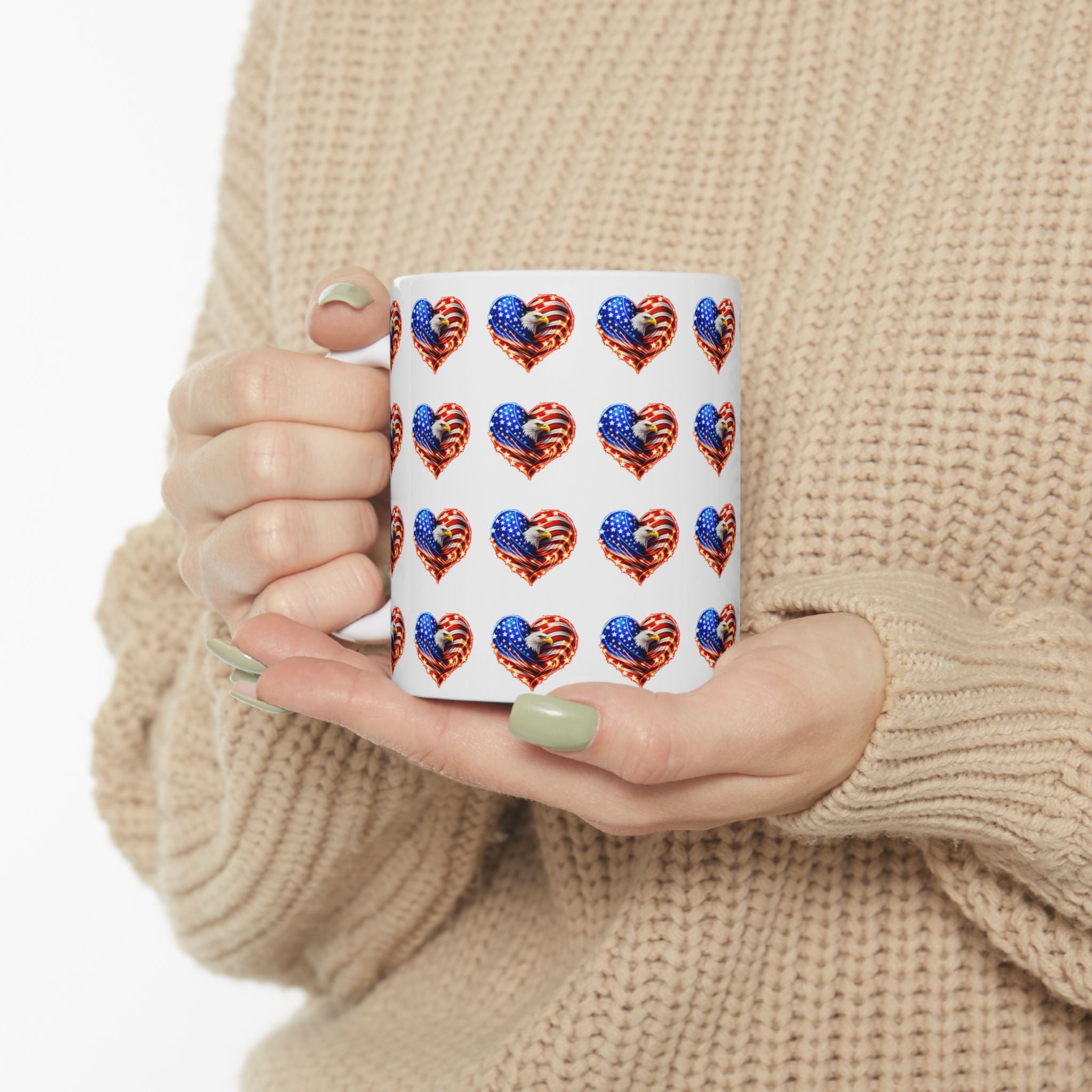 American Flag Heart Ceramic Mug — Patriotic 11oz/15oz Coffee Cup