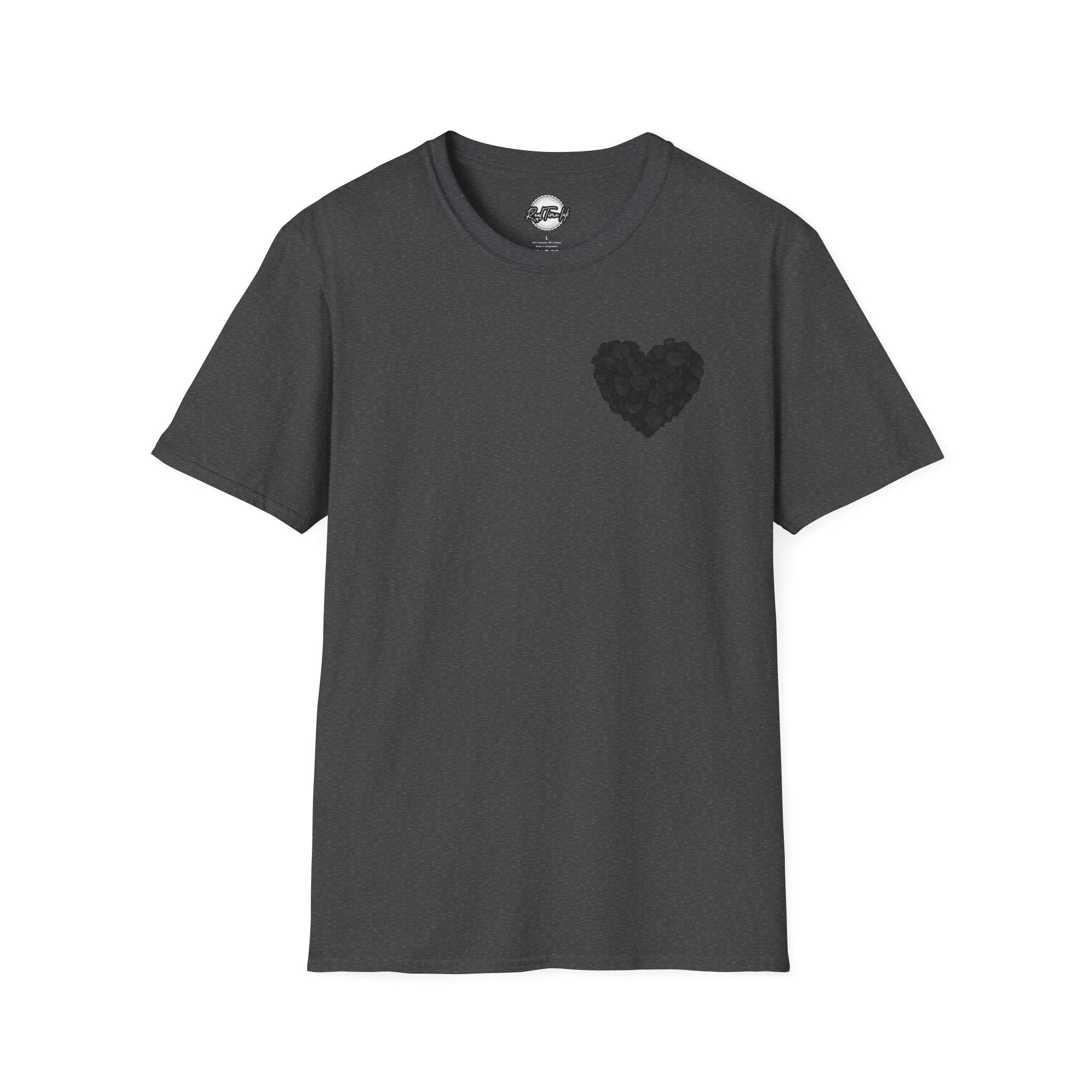 Black Rose Petal Heart T-Shirt — Minimal Floral Heart Tee for Valentine's & Everyday