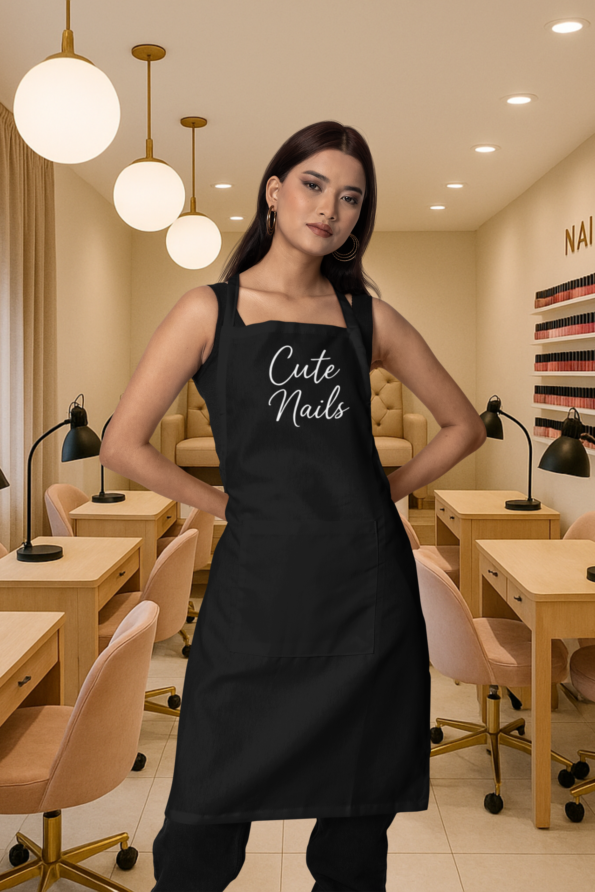Cute Nails Apron | Black Apron with Script Text, 5-Color Straps