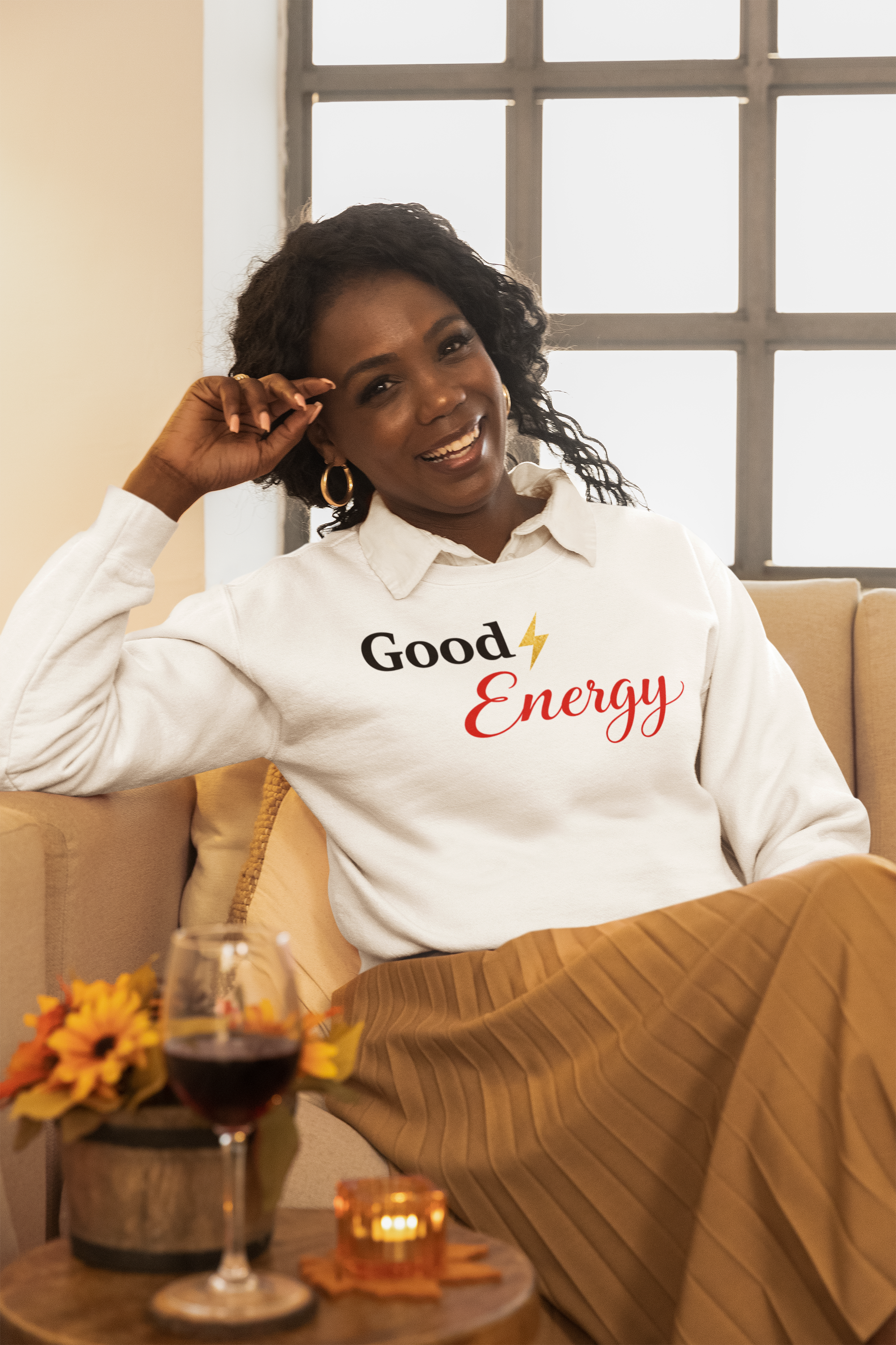 Good Energy Crewneck Sweatshirt — Positive Vibes Lightning Graphic