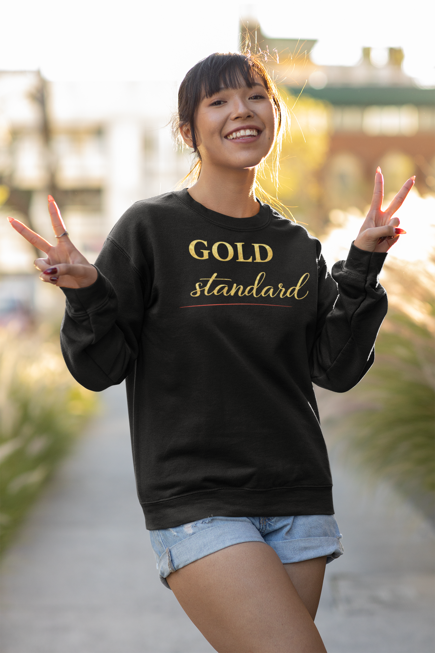 Gold Standard Crewneck Sweatshirt — White Cozy Pullover with Gold Script