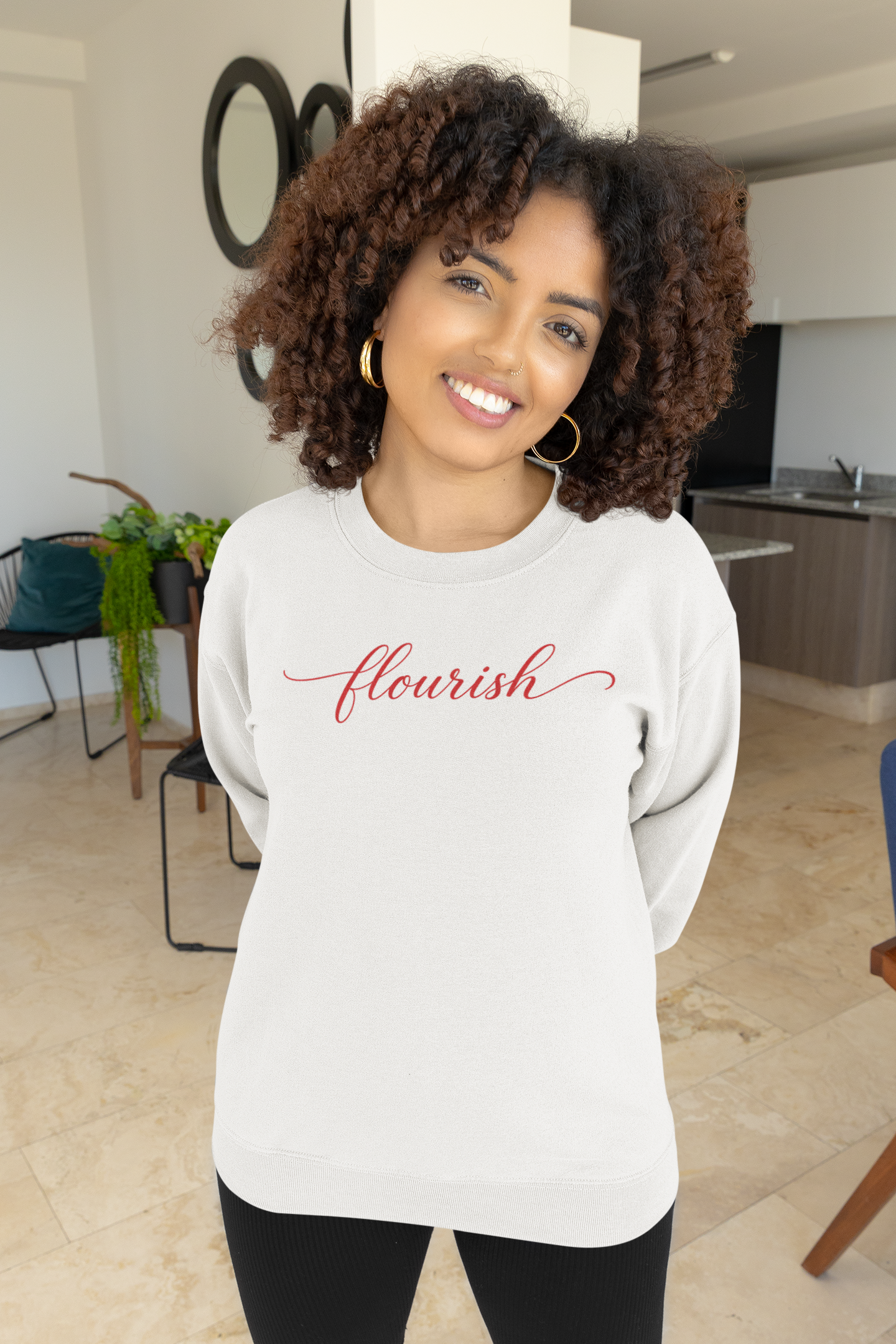 Flourish Motivational Crewneck Sweatshirt — Inspirational Pink Script Sweatshirt